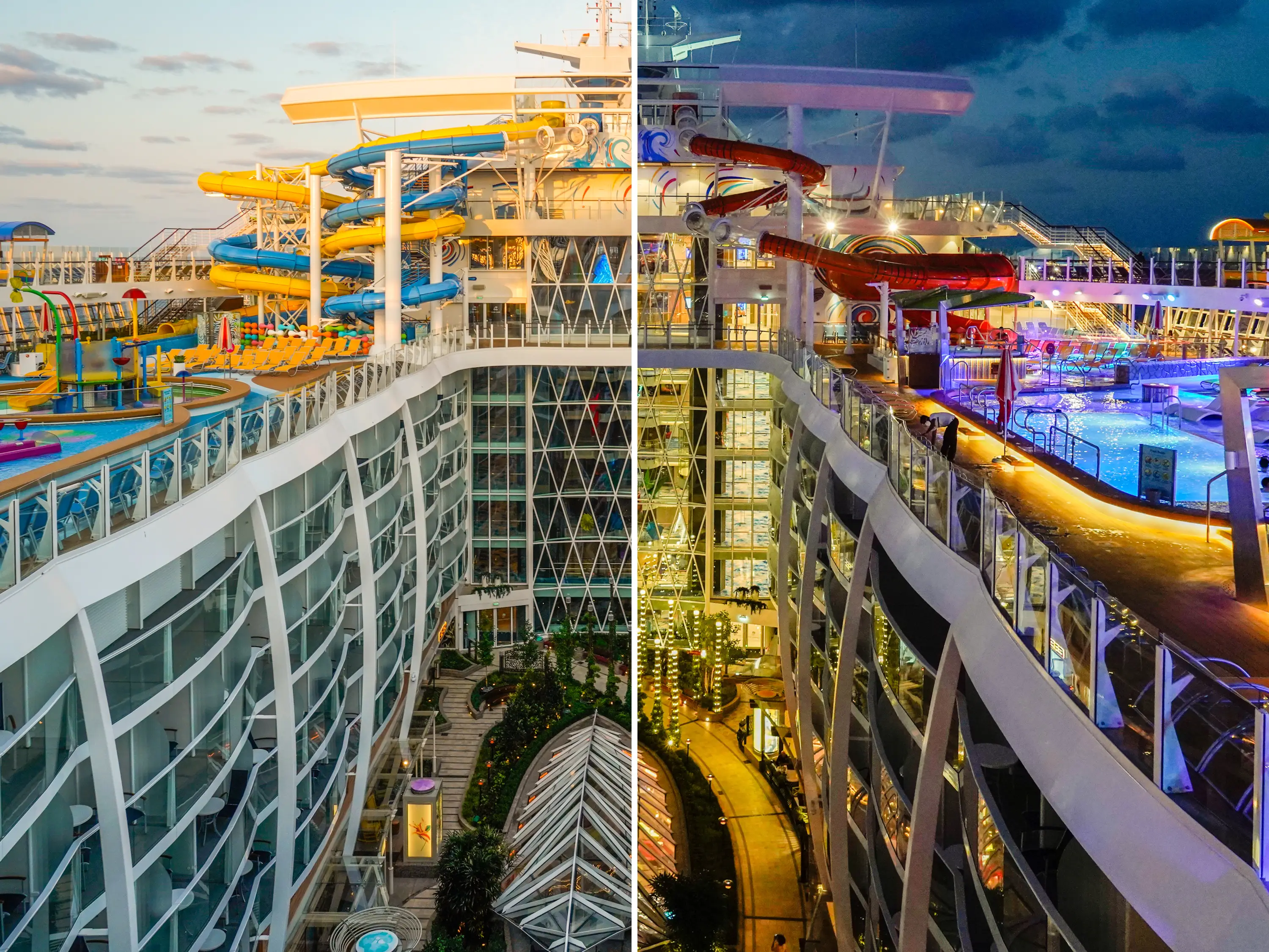 Deck 15 on the world's largest cruise ship during the day and at night