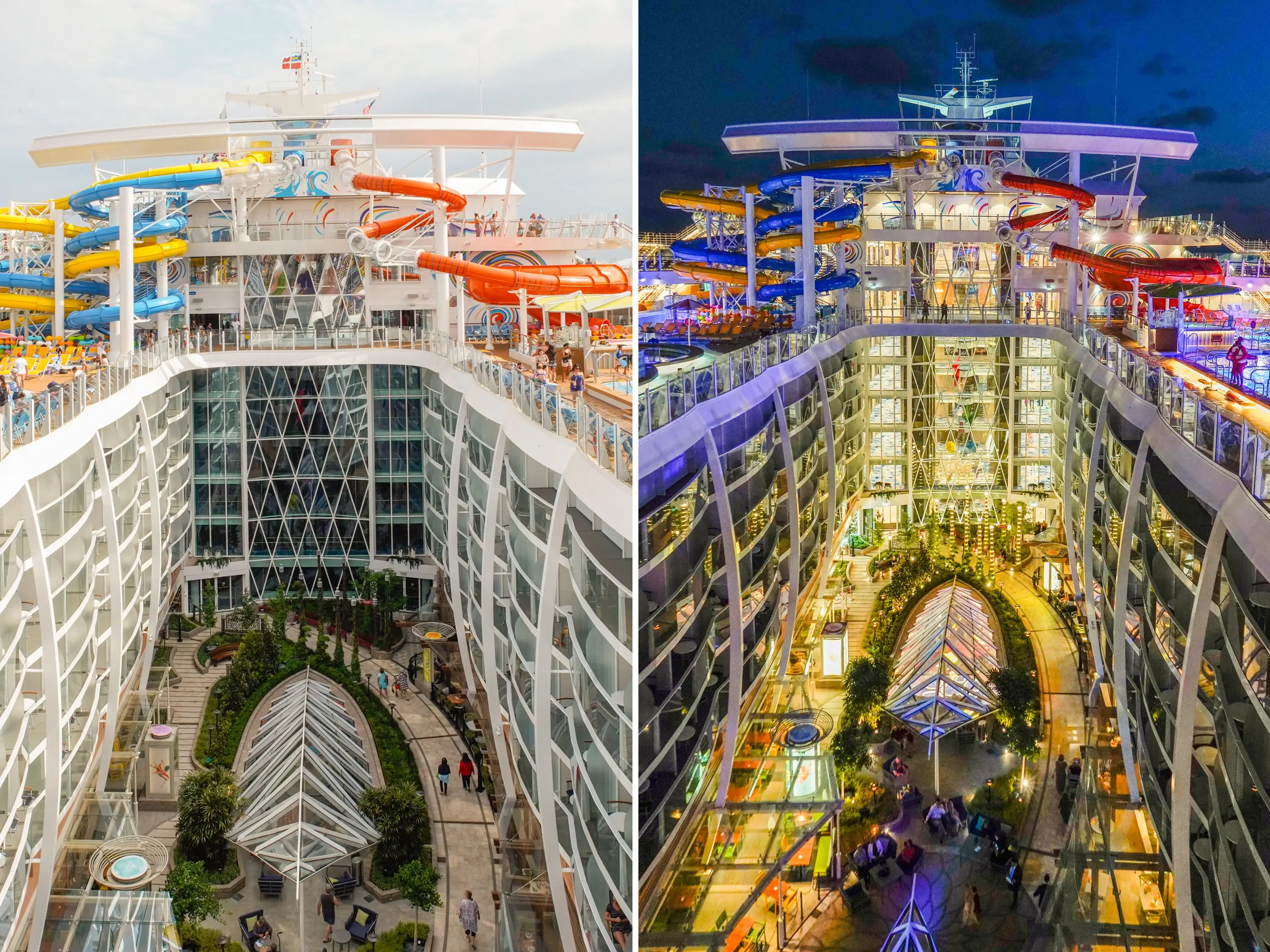 Deck 15 on the world's largest cruise ship during the day and at night