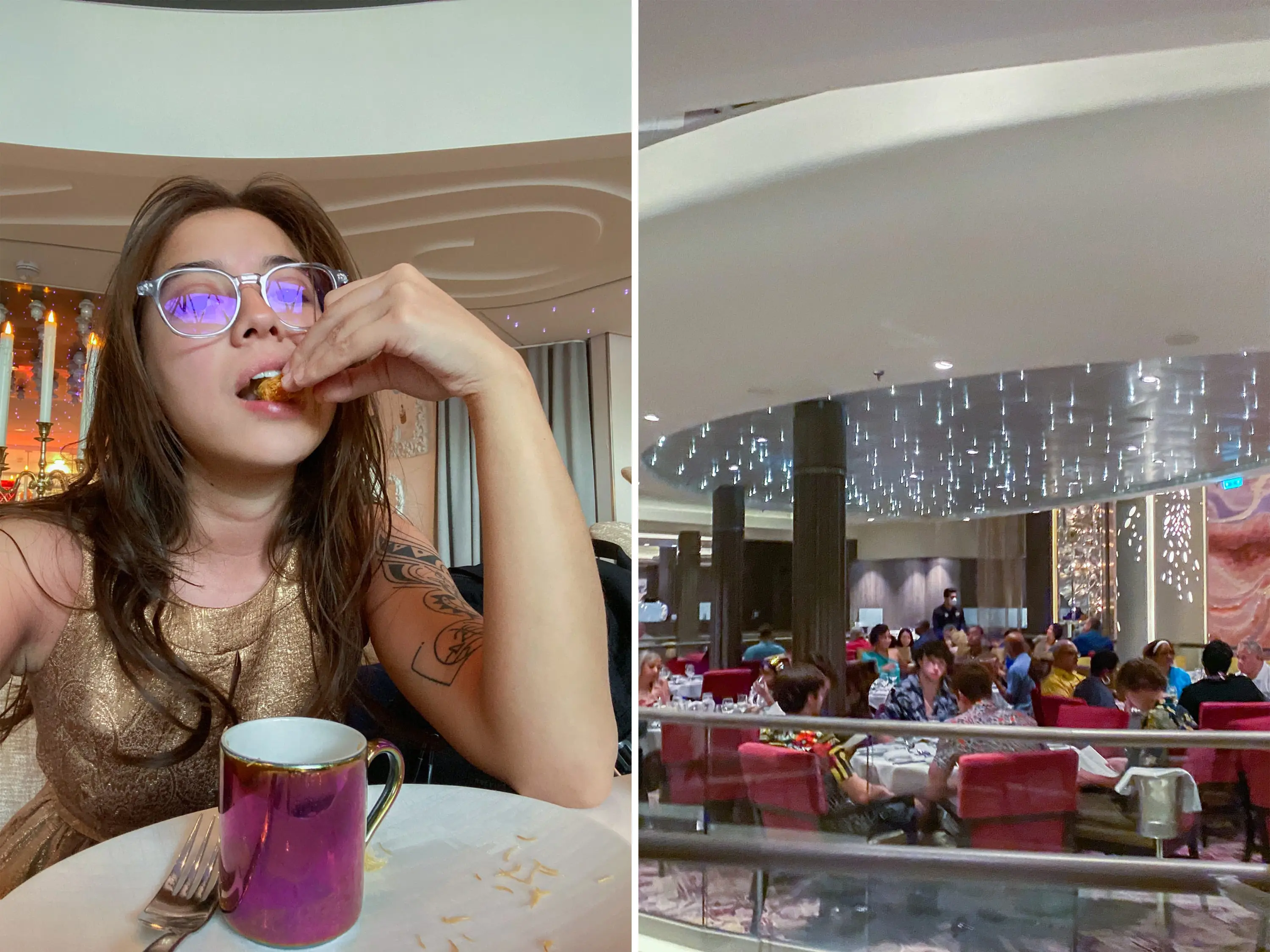 The author dines alone (L) people in the main dining room (R)
