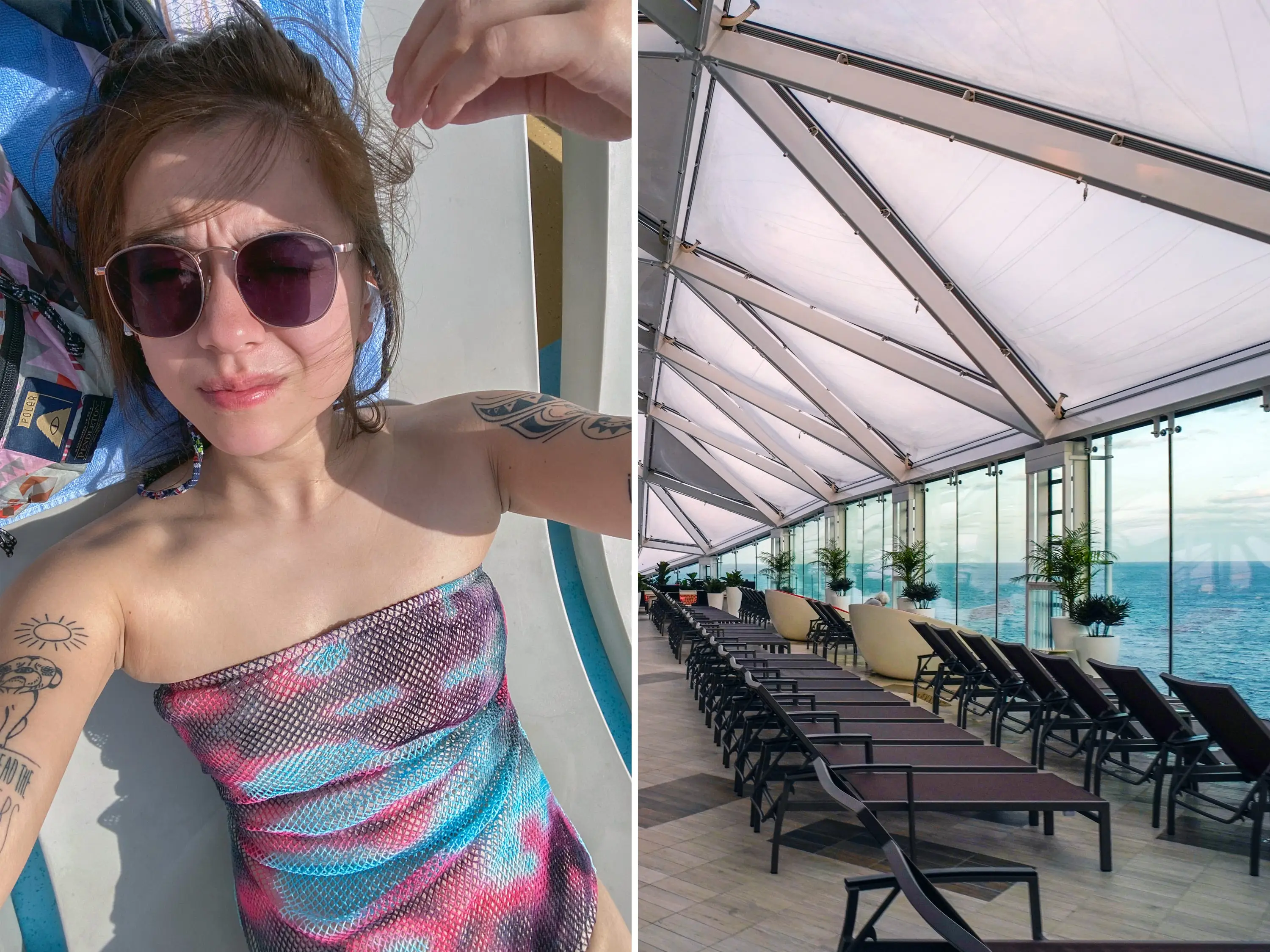 The author lounges at the pool (L) Empty pool chairs in the solarium (R)