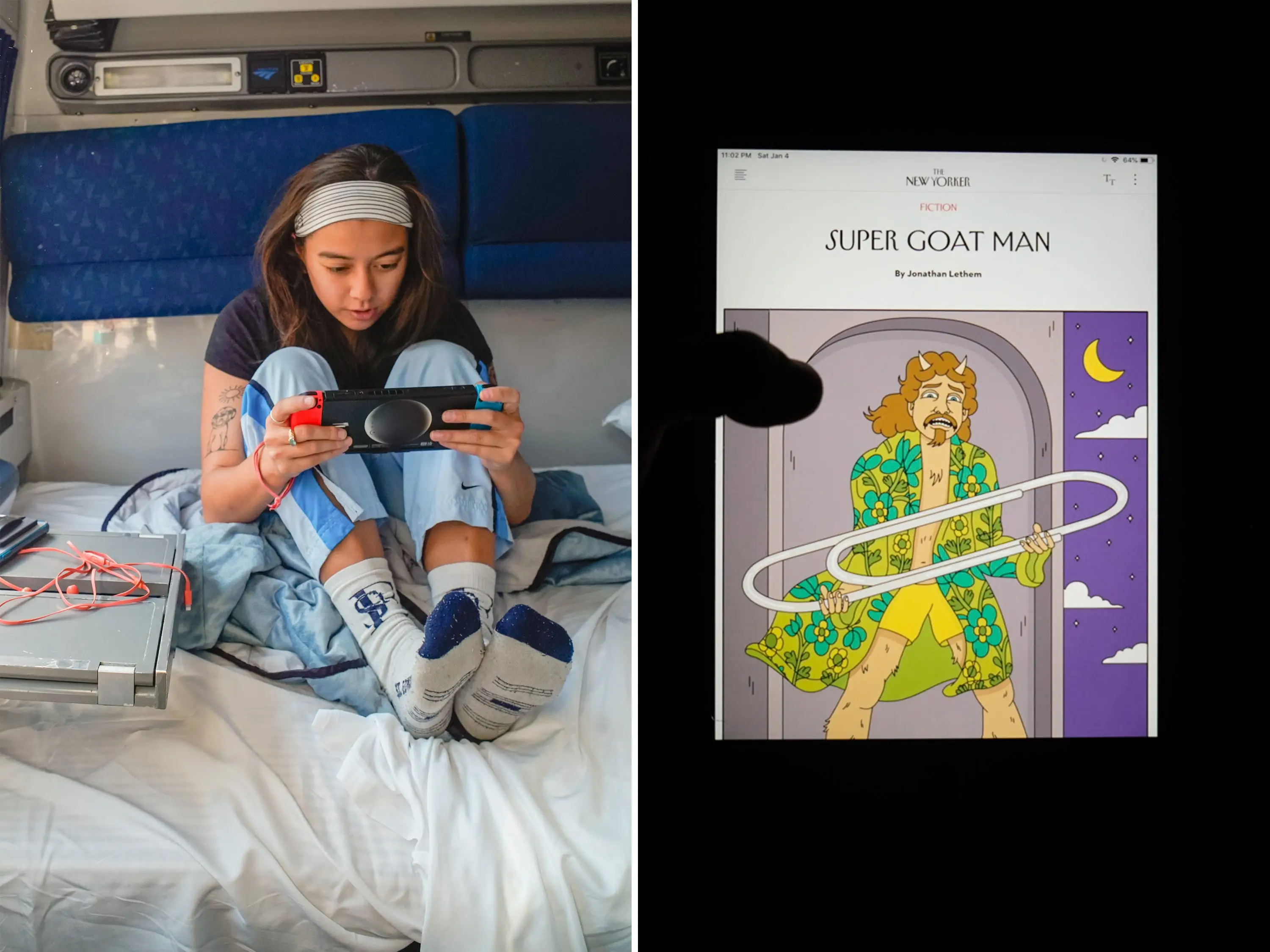 A composit imagr of the author playing Nintendo on the train and and reading The New Yorker on a plane