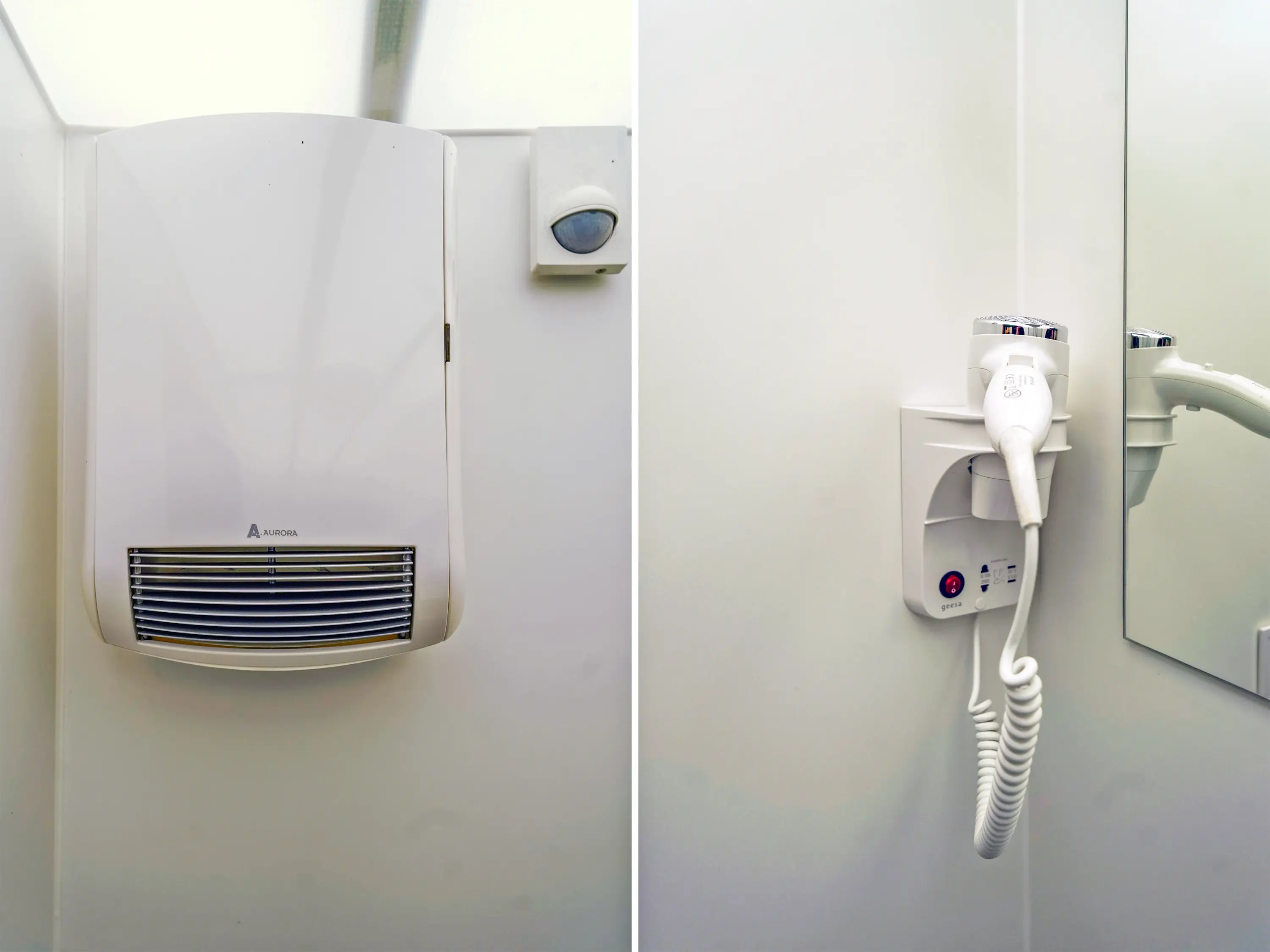 A composite image of a heater and a hair dryer in the bathroom.