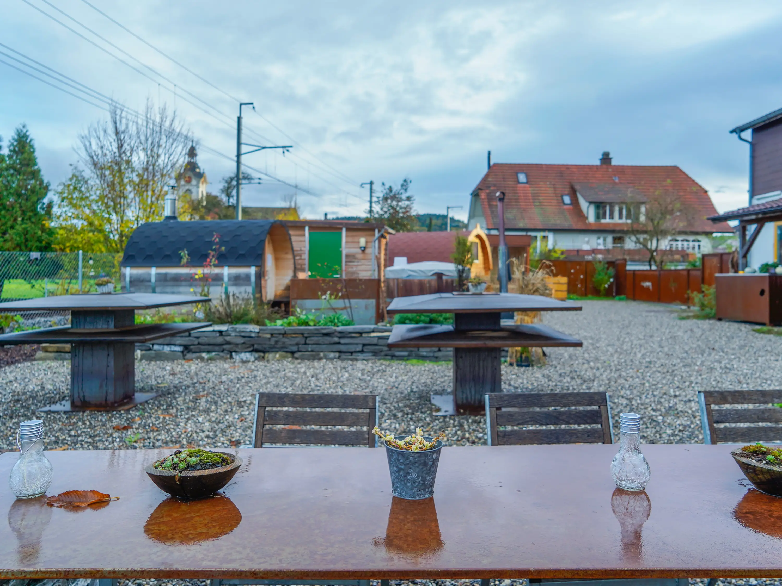 Outdoor dining areas in the garden.