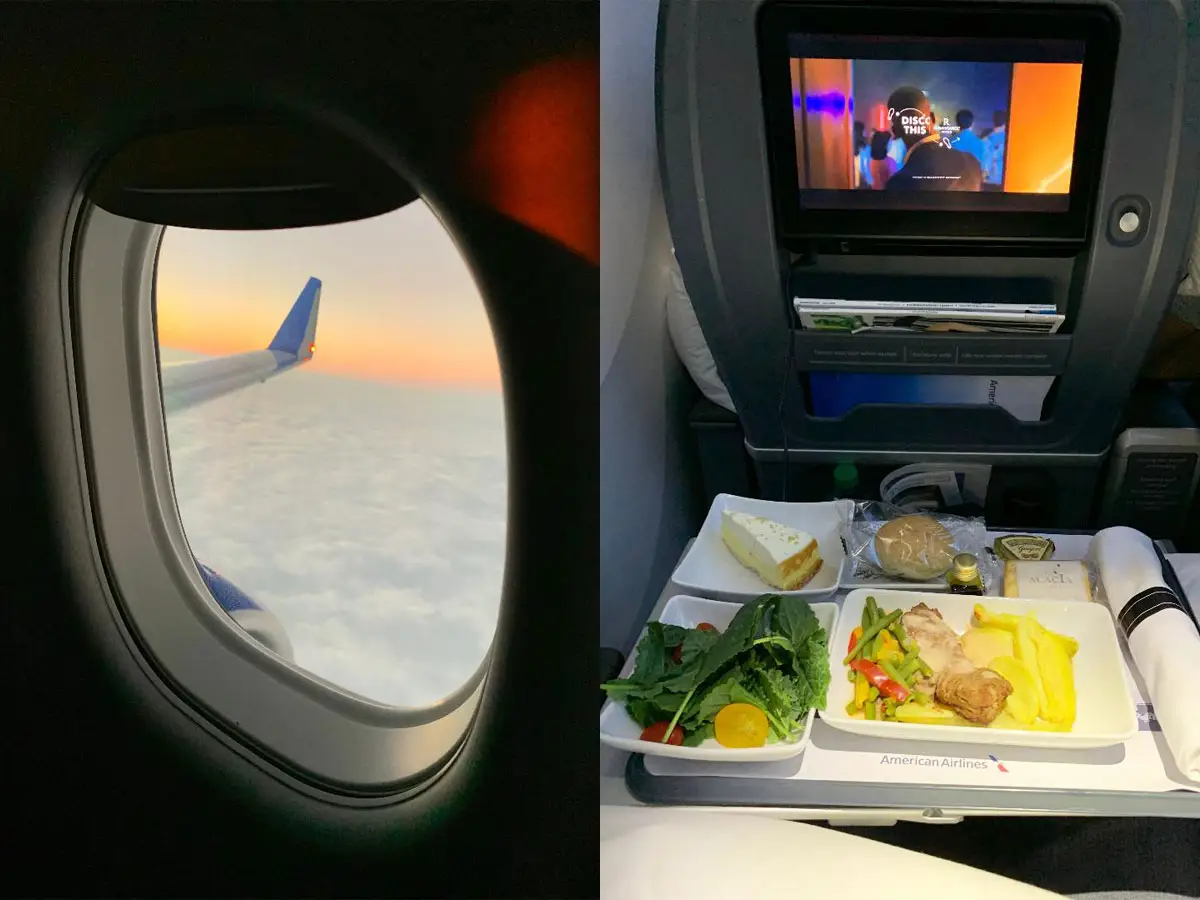 A composite image of a view out of a plane window and an airplane meal on a tray table.