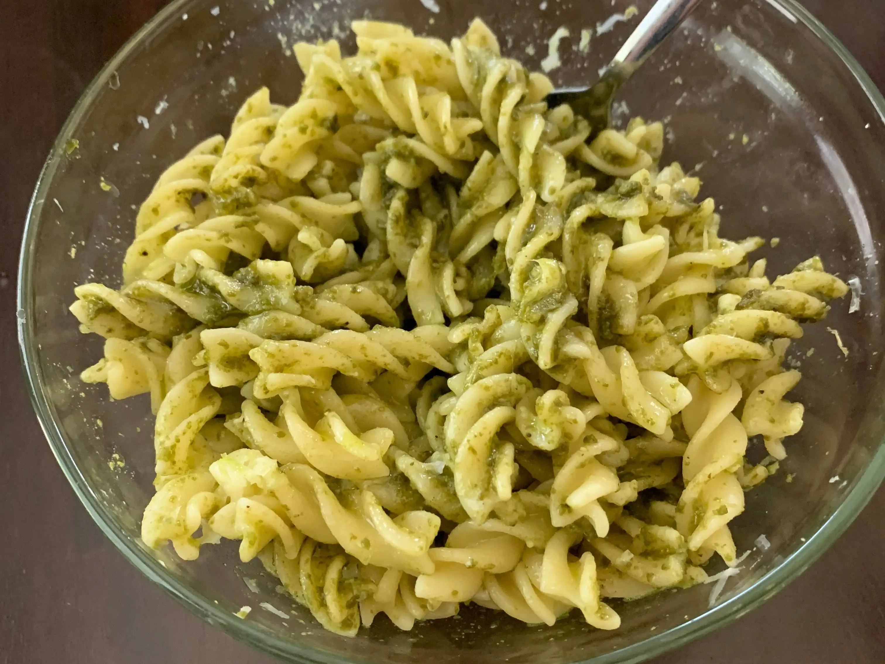 Trader Joe's pesto alla genovese on rotini pasta