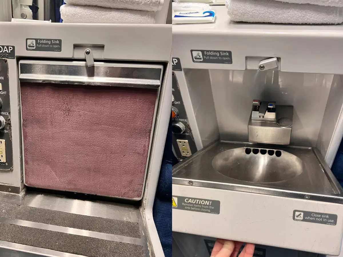 The foldable sink inside the author's Amtrak roomette.