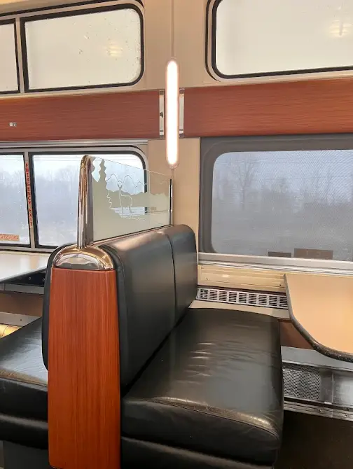 A booth in the dining car on the Amtrak Lake Shore Limited.