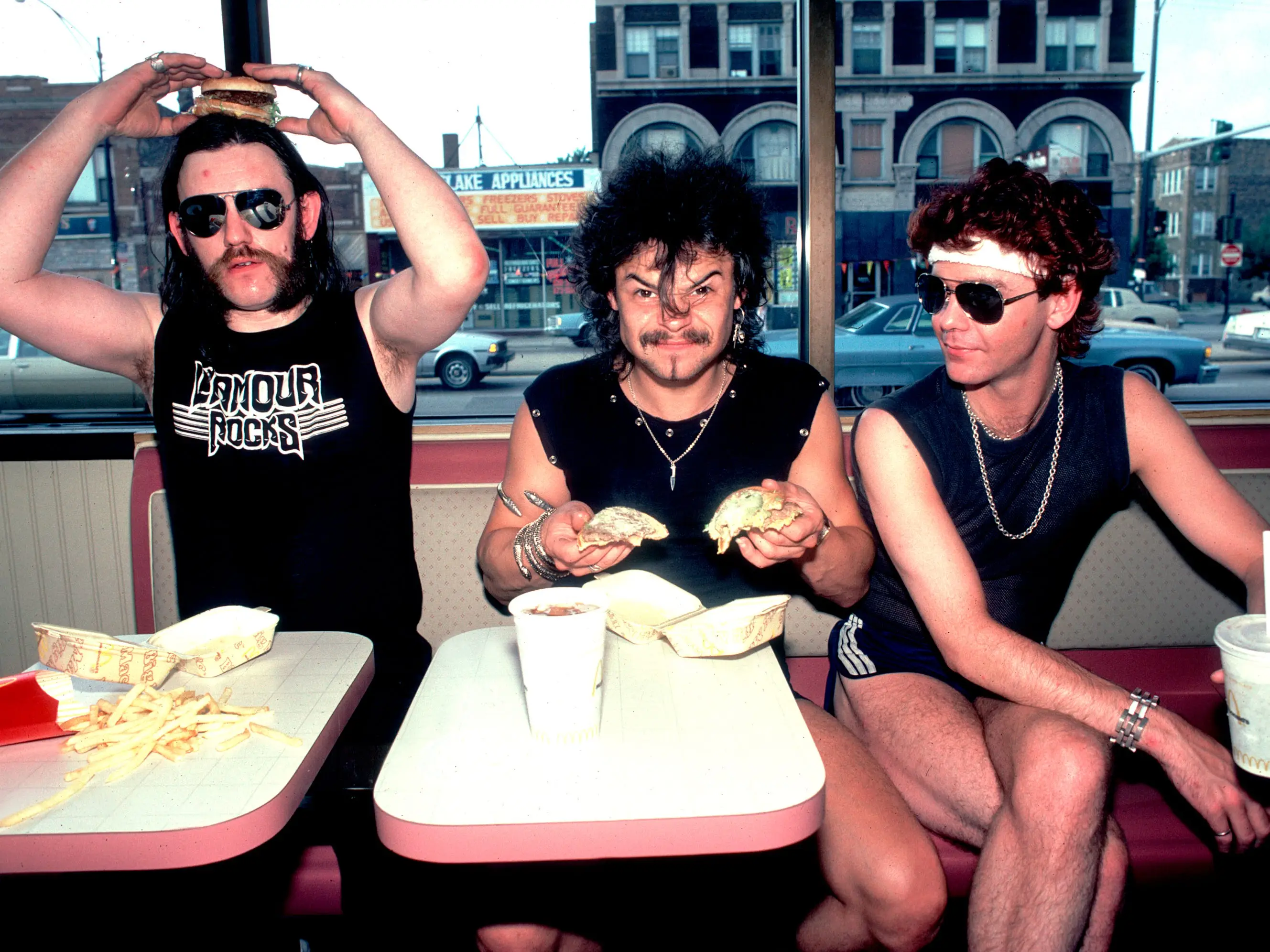 British metal band Motorhead at a McDonald's restaurant in Chicago, Illinois, August 5, 1983.