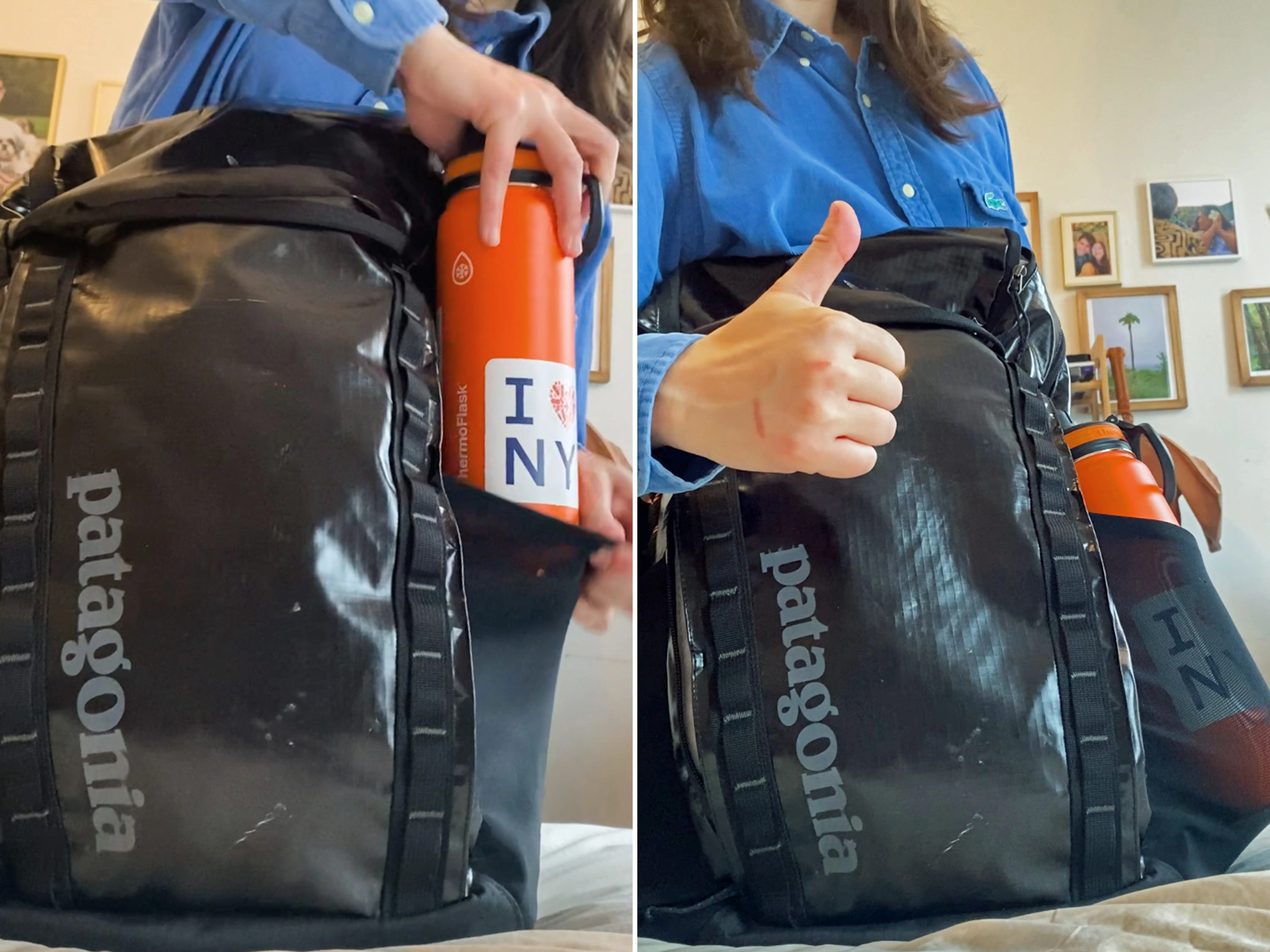 Two photos of a person with a blue-collared shirt behind a black Patagonia backpack. In the left image, the author's hand slides an orange bottle into thee left pocket of the backpack. In the right image, she holds a thumbs up.