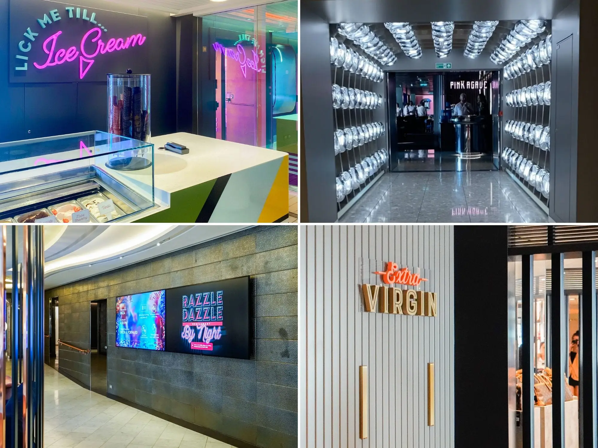 For restaurants on the lower decks of the ship: Top left to bottom right: Lick me Till Ice Cream, Pink Agave, Razzle Dazzle, Extra Virgin