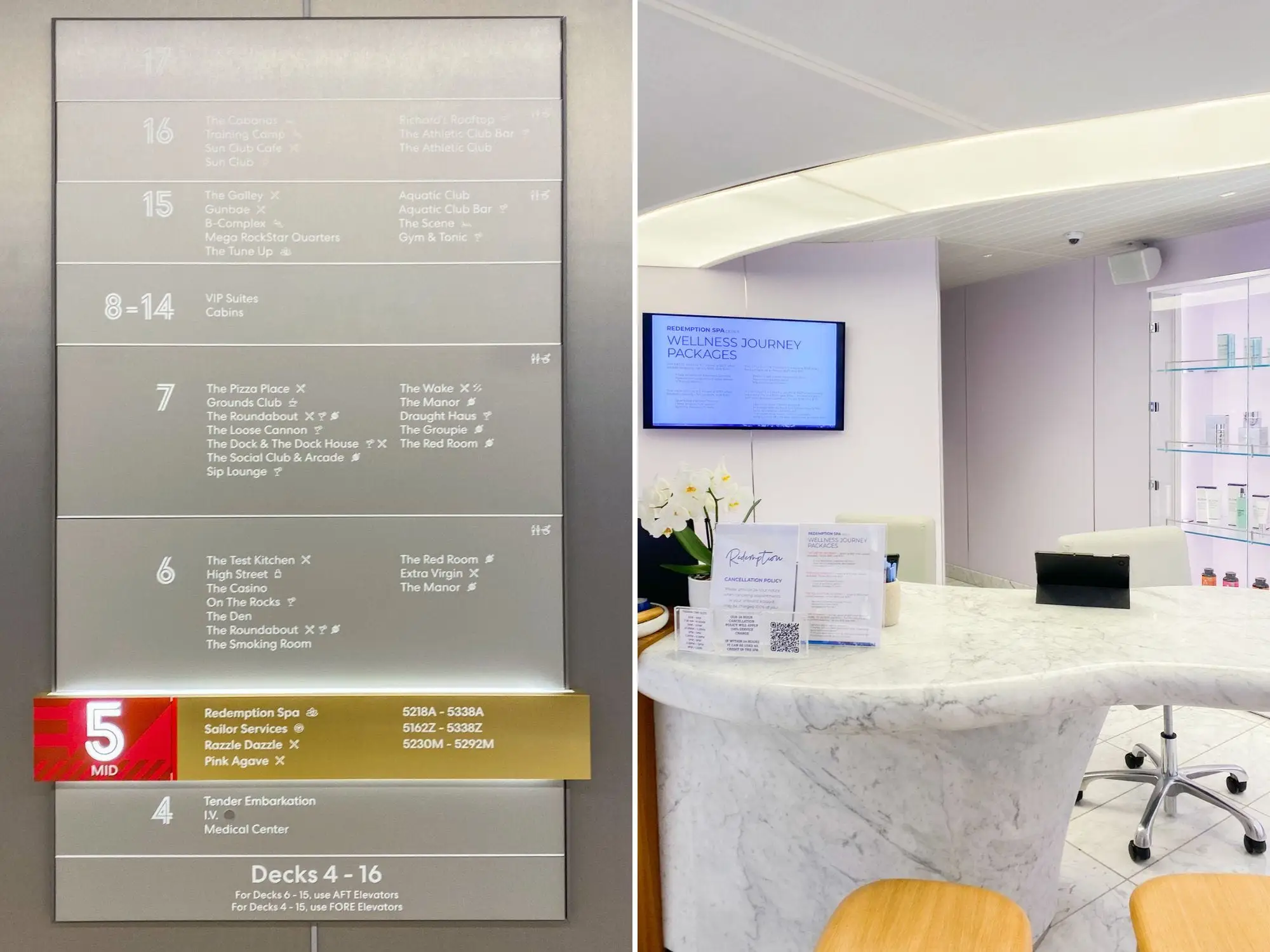 Left: a Silver elevator entrance wall with a description of each deck. Deck 5 is in bold.