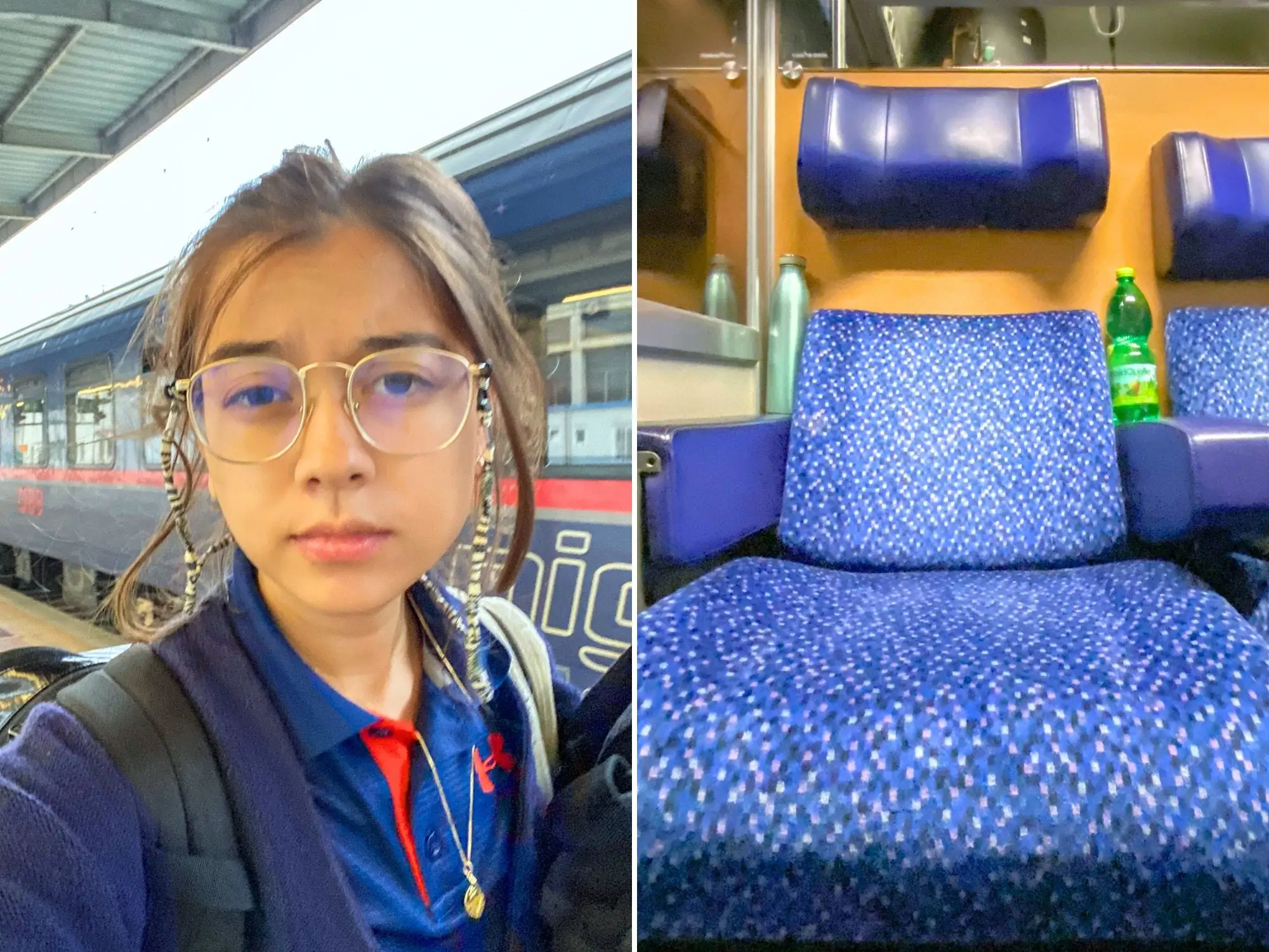 Left: The author in a blue polo takes a selfie with a straight face in front of a navy blue train with a red stripe in the middle. RIght: A straight-on view of a plush, blue train seat partially reclined with a detached head rest connected to the wooden wall behind it.