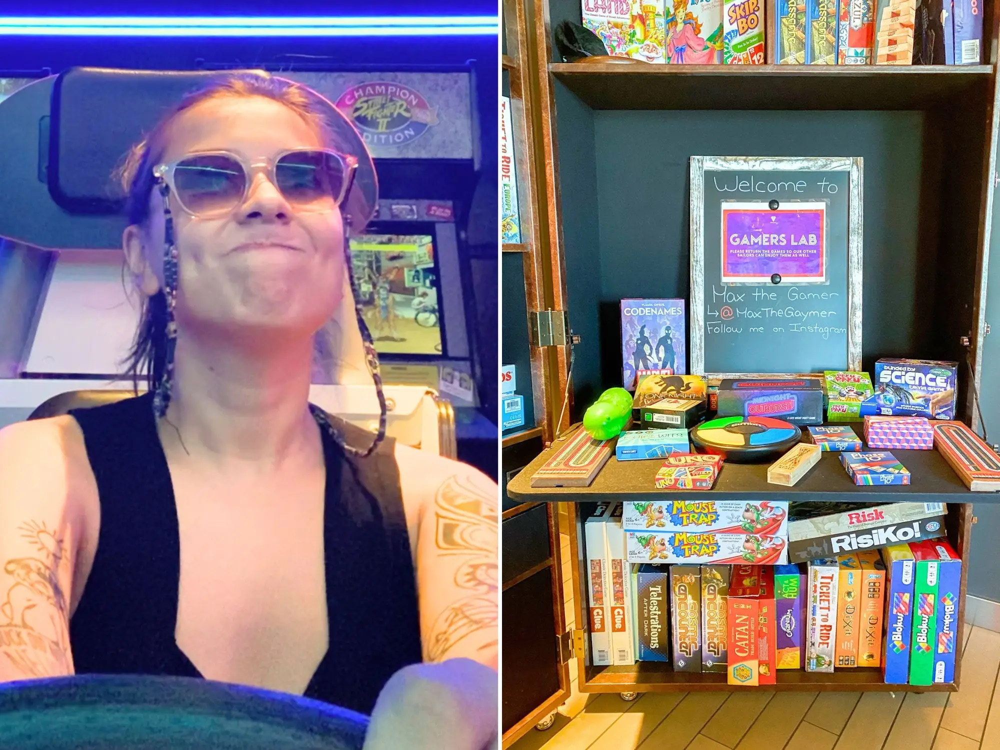 Left: The author in sunglasses drives a car in an arcade with blue lighting behind her. Right: a black shelf full of board games with wood floors.