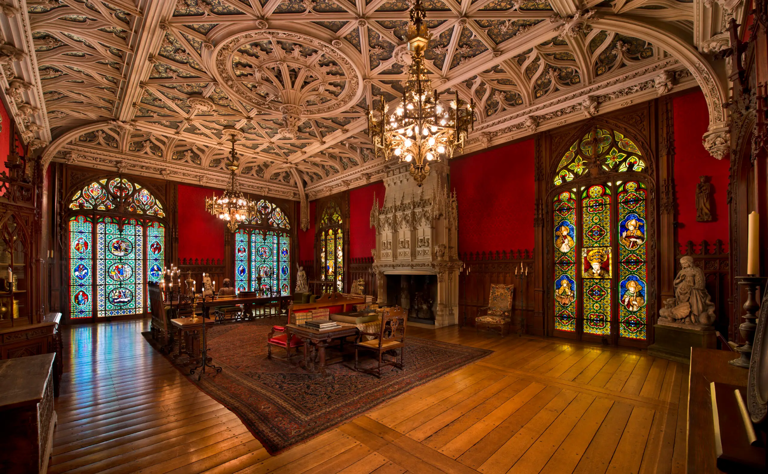 The Gothic Room at Marble House with stained glass windows.