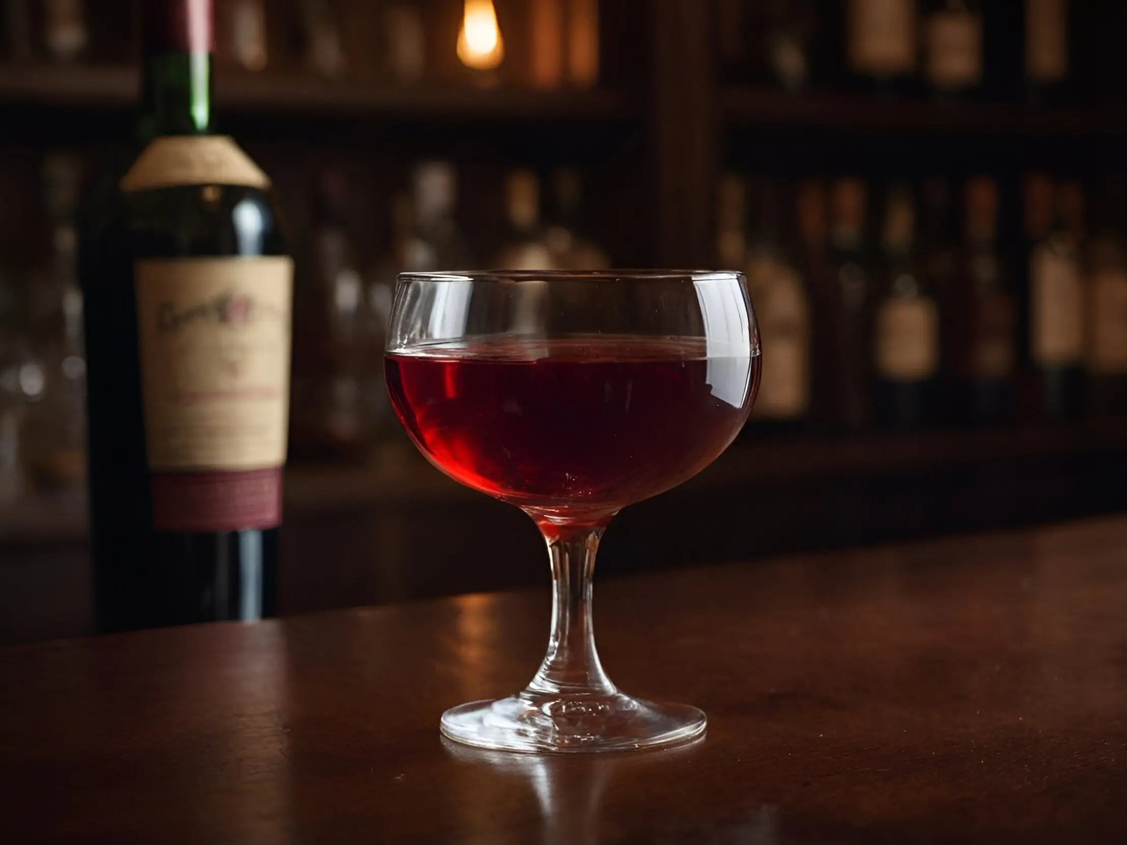 A glass of Boulevardier on a bartop with a glass of wine in the background.