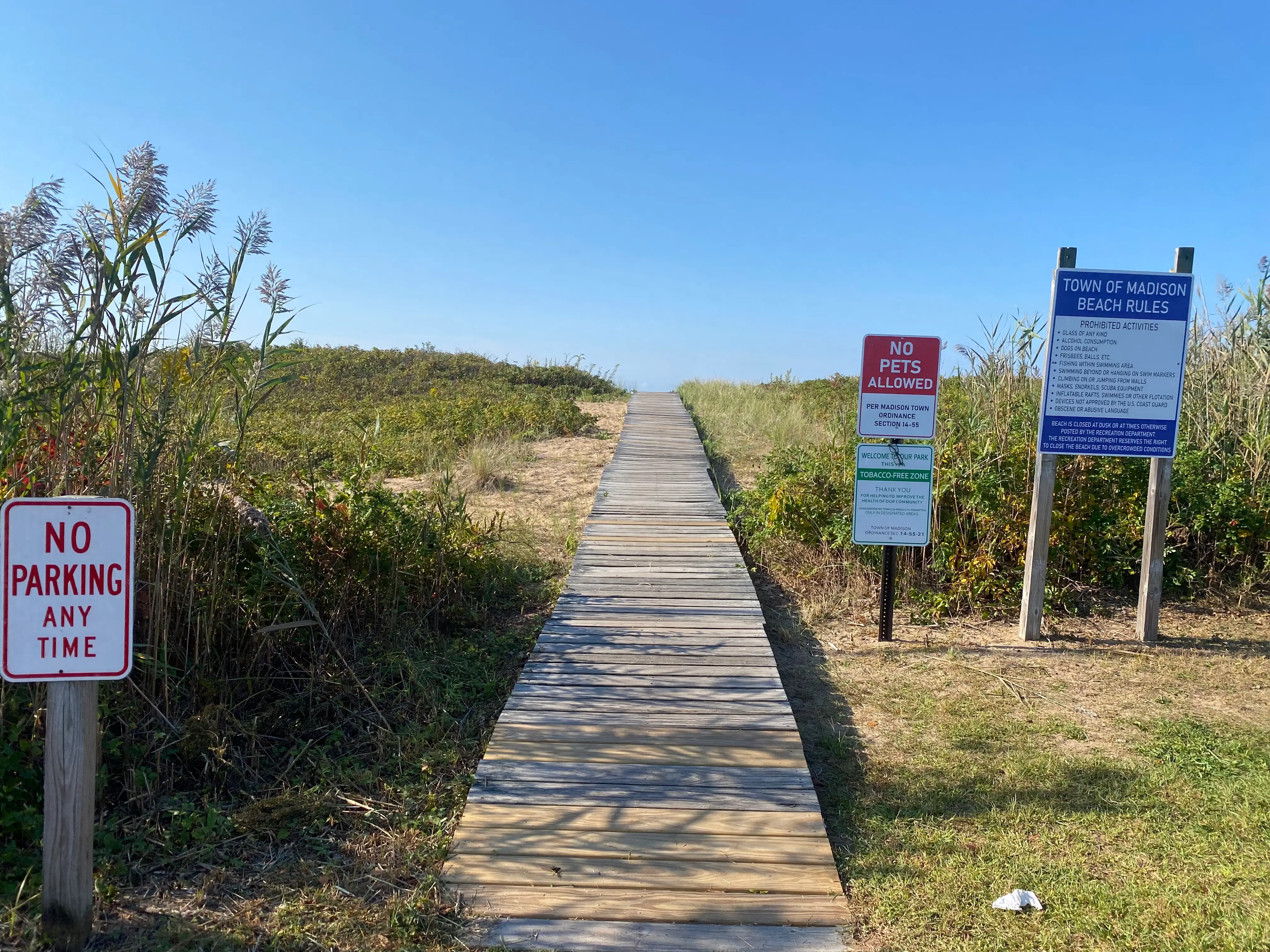 A boardwalk with grass on each side leading to shore the shore, featuring signs that read: