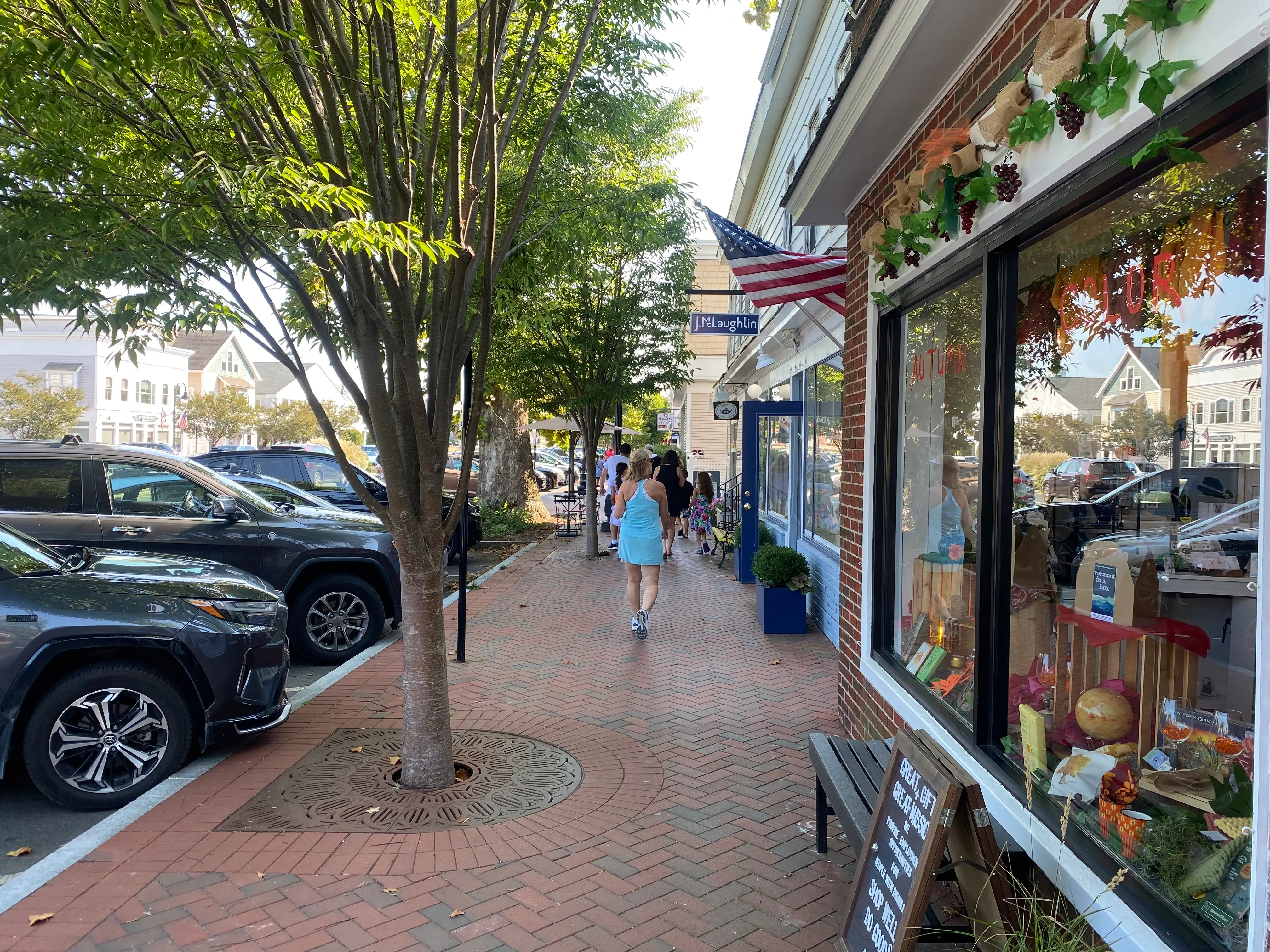 A brick-lined street with shops and trees.