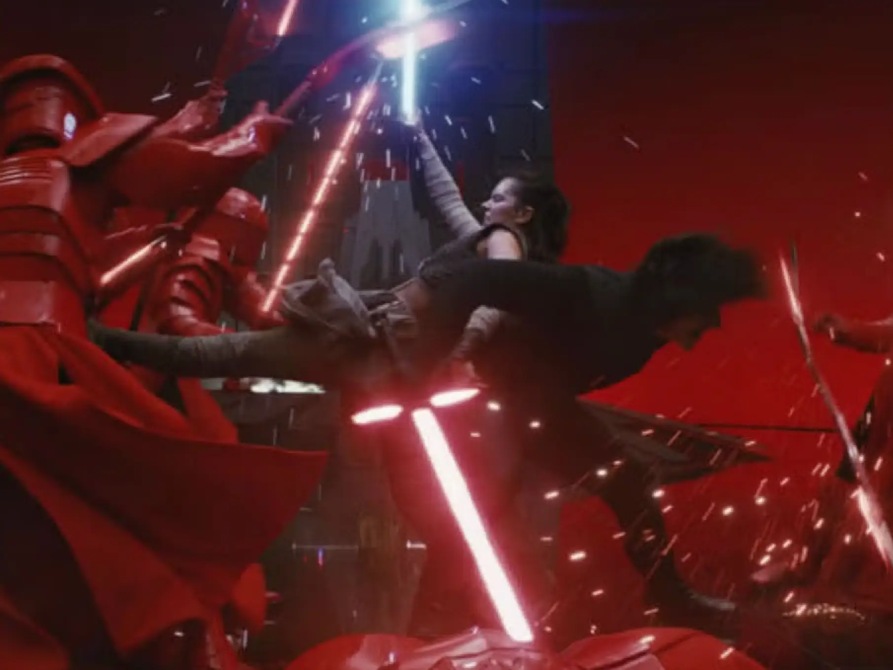 kylo and rey fighting in the red room during the last jedi