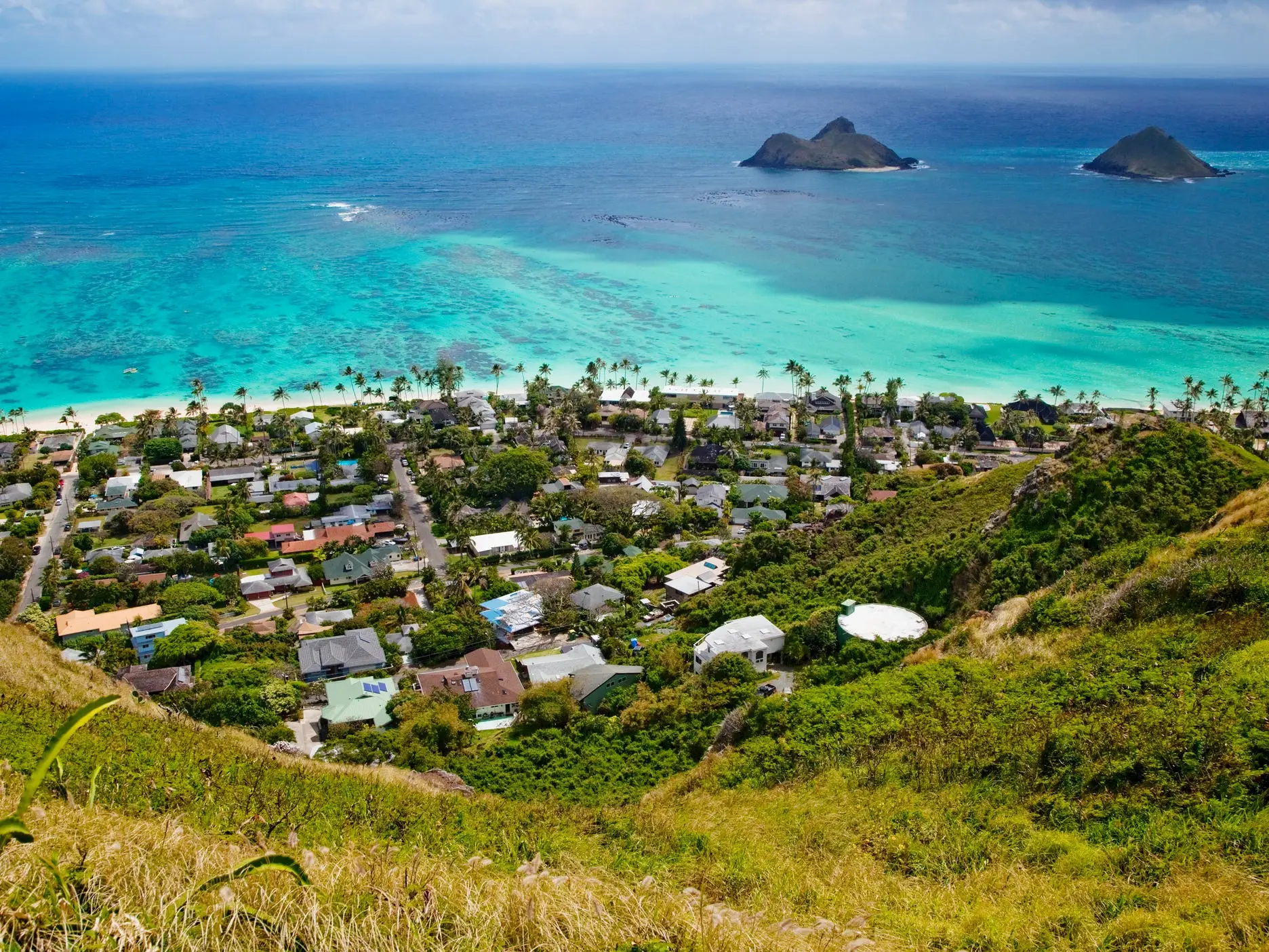 An aerial view of beachside houses in Hawaii