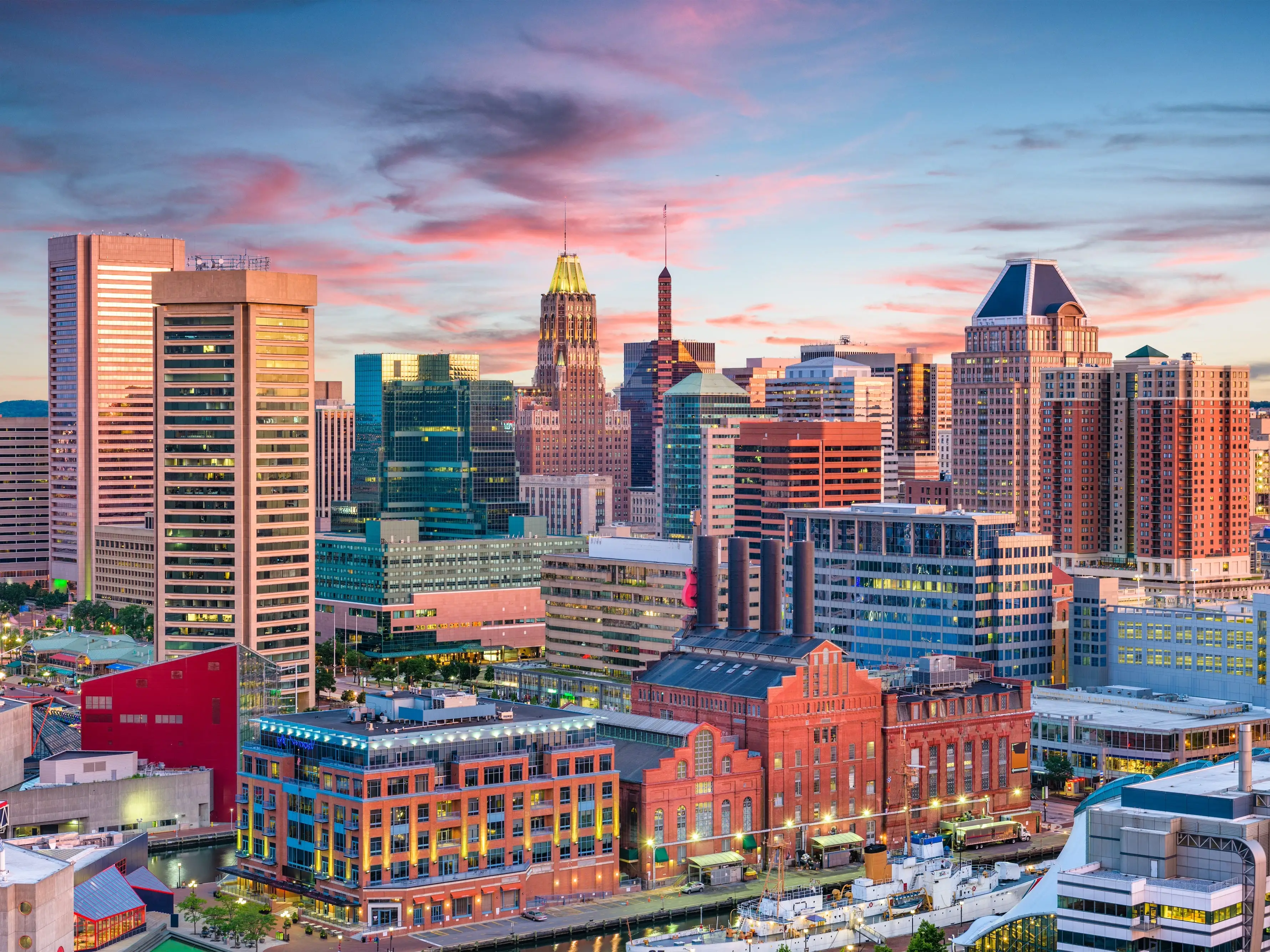The Baltimore skyline at dusk.
