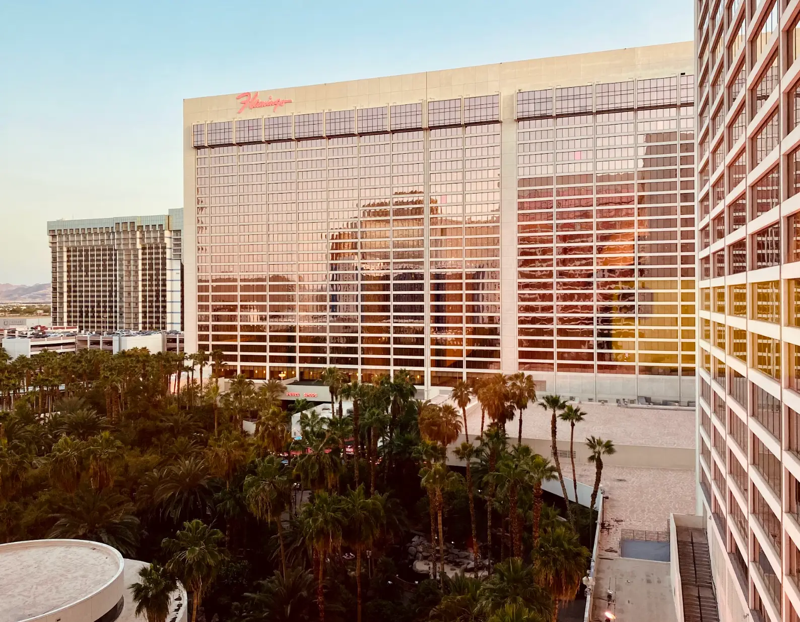 The exterior of the Flamingo hotel in Las Vegas.