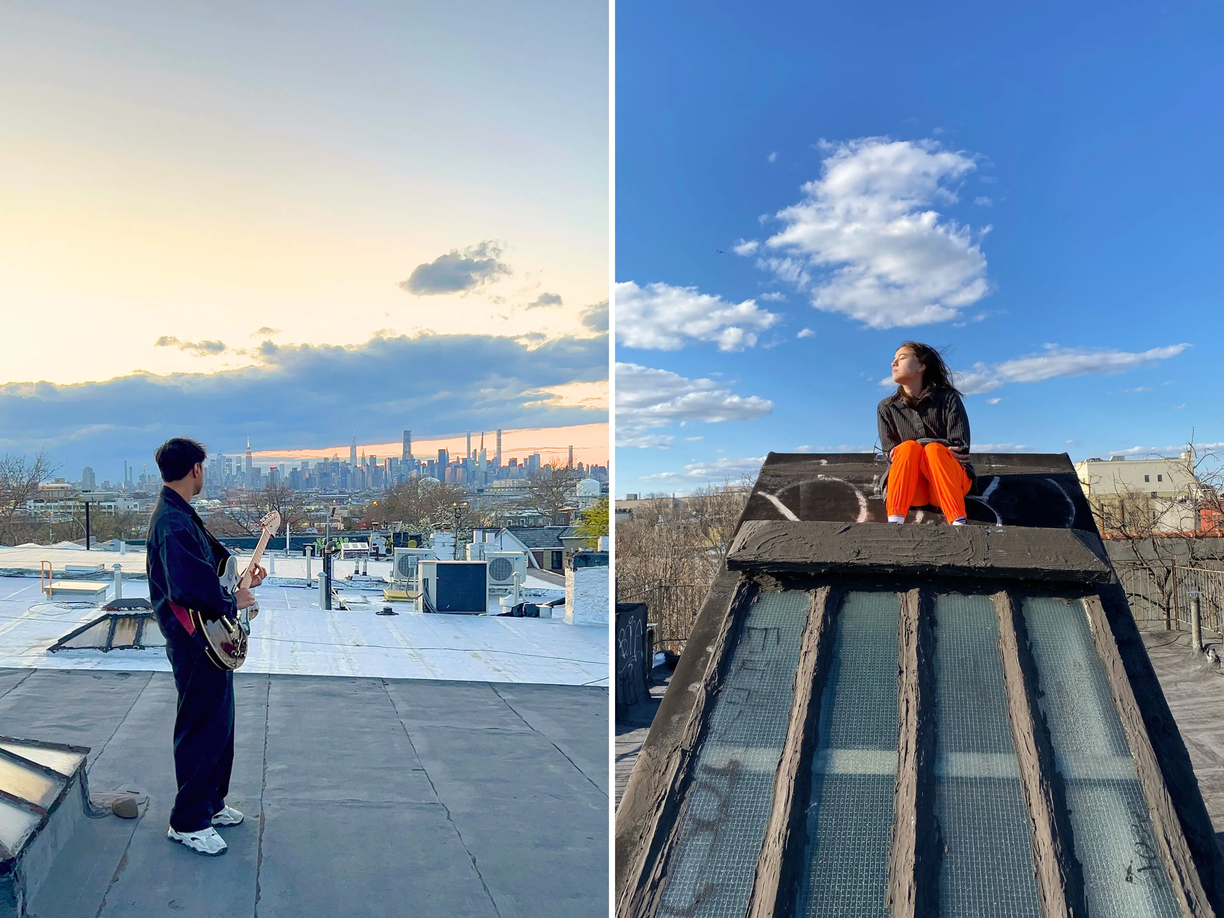 A composite image of a guitarist playing on a rooftop with a view of the Manhattan skyline in the background and the author perched on a rooftop enjoying the sun