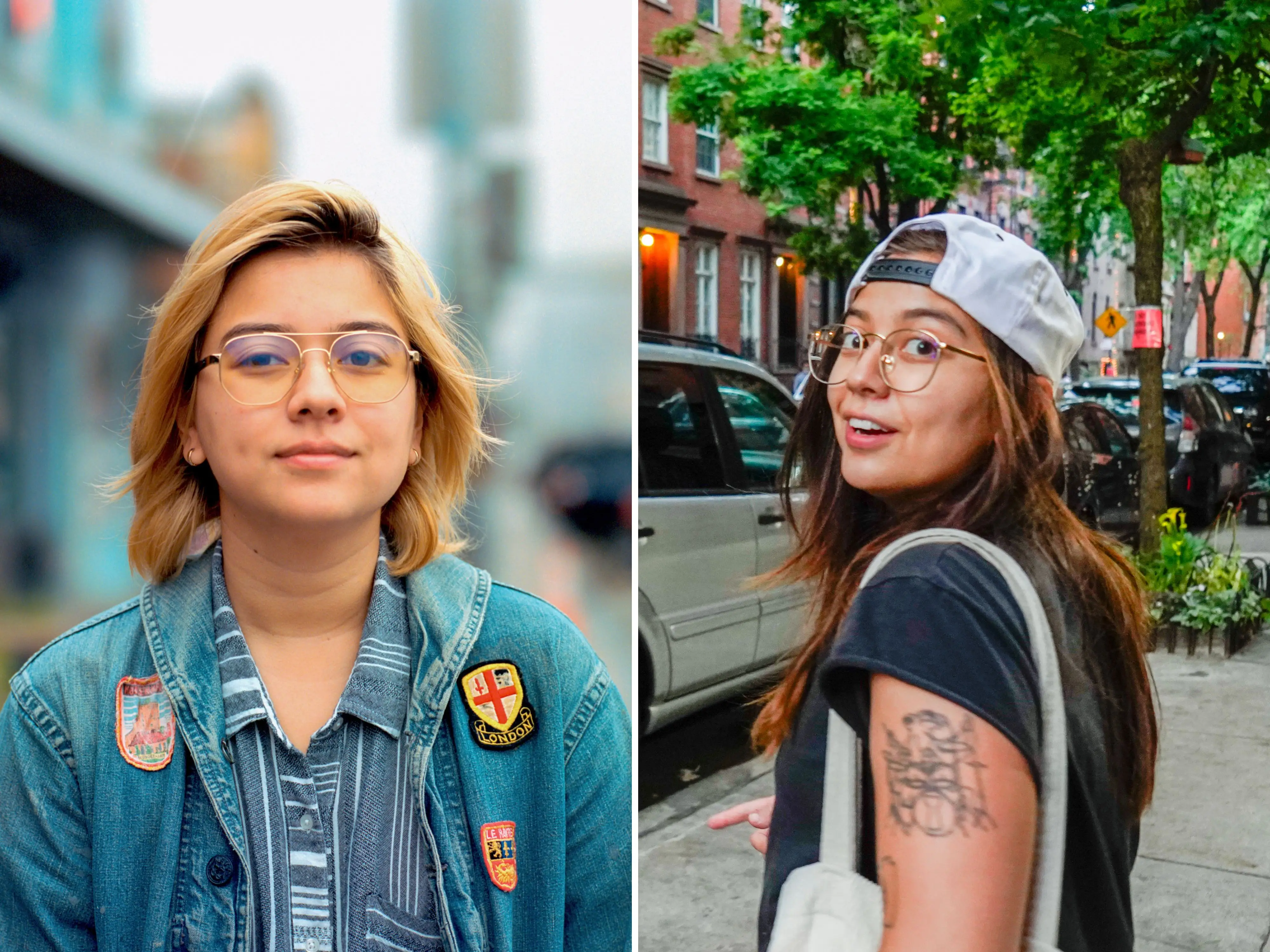 A composite image of a woman on streets in Austin and NYC.