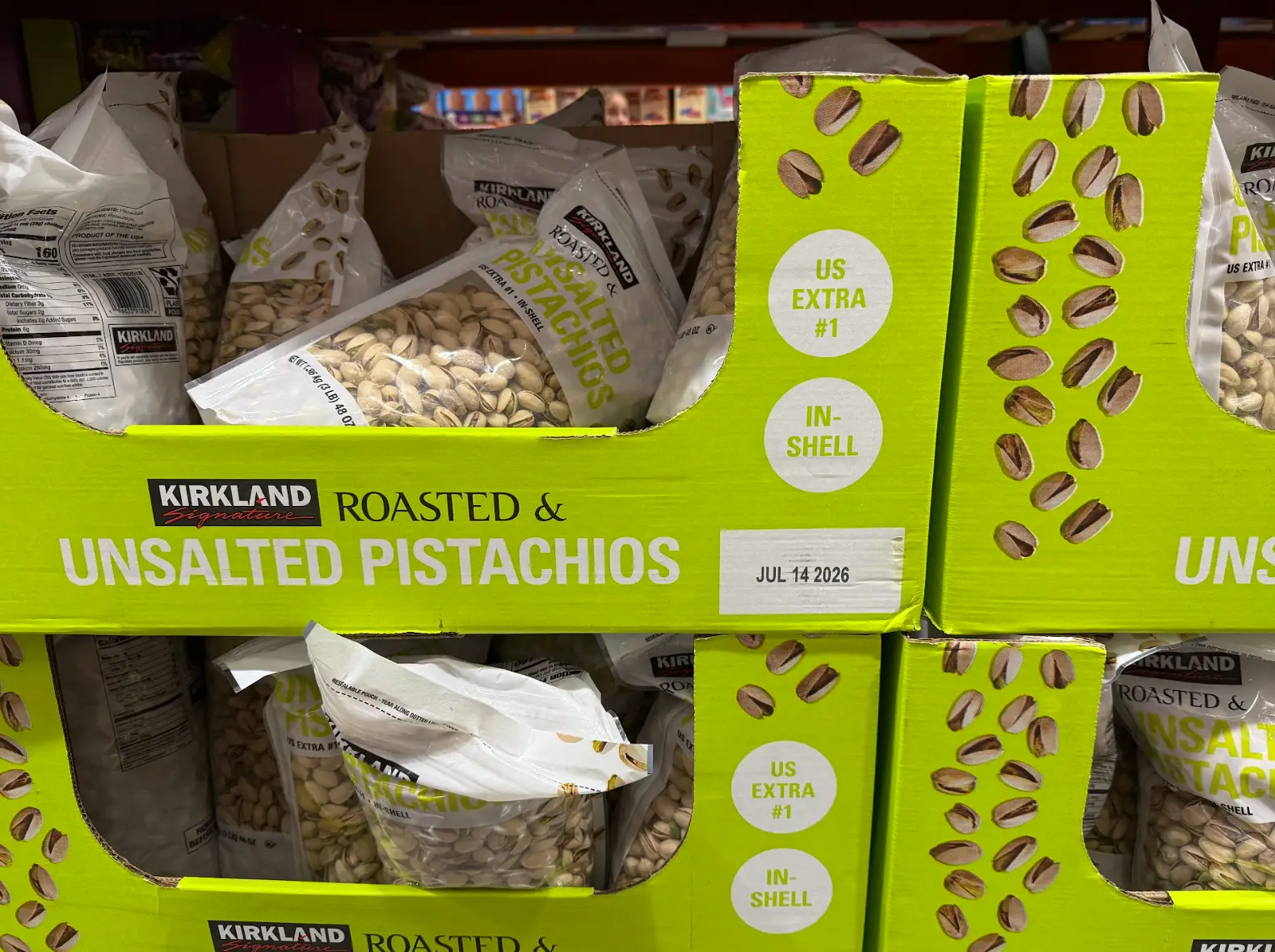 Kirkland Signature roasted and unsalted pistachios.