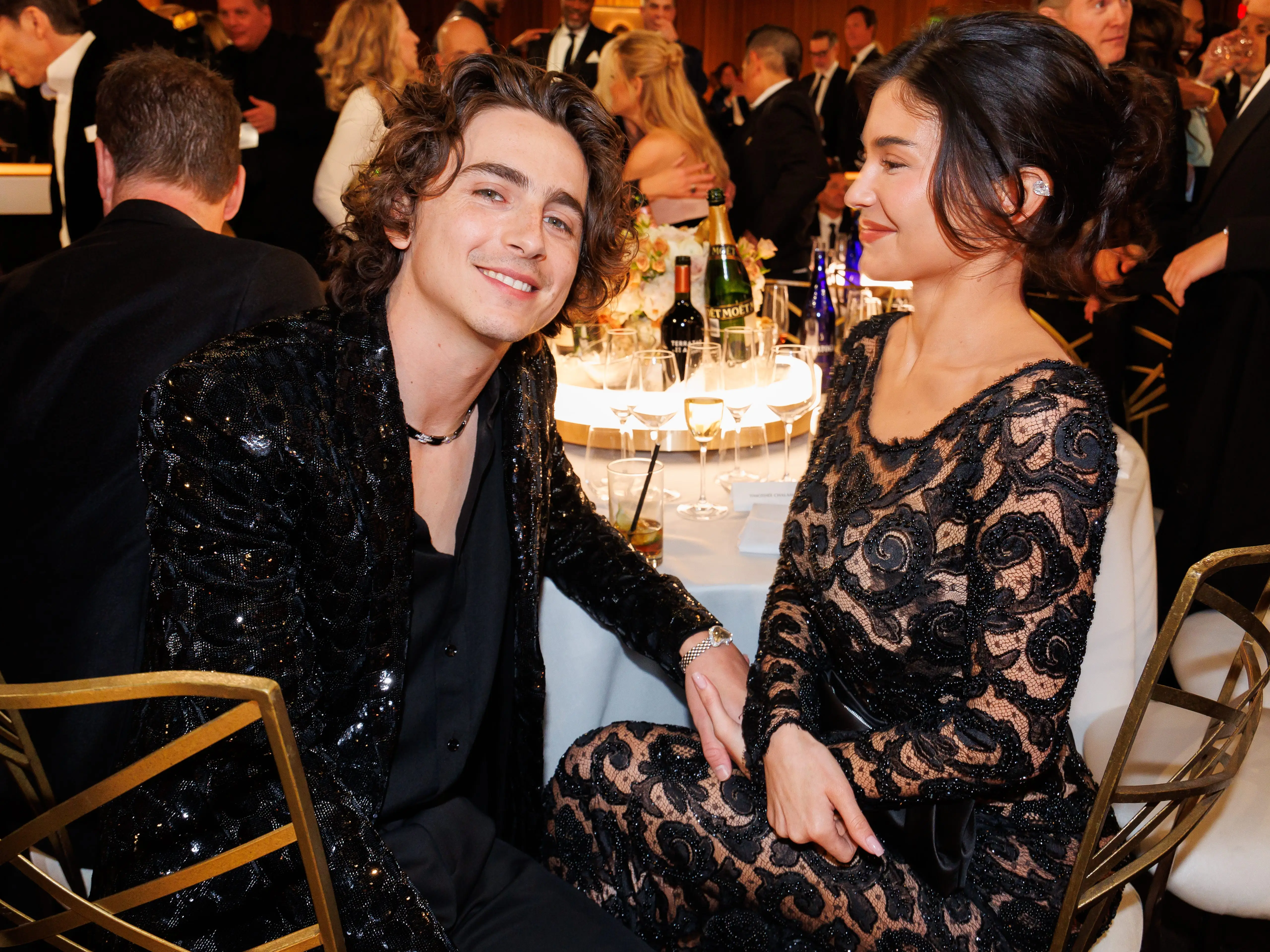 Timothée Chalamet and Kylie Jenner at the Golden Globes in January 2024.