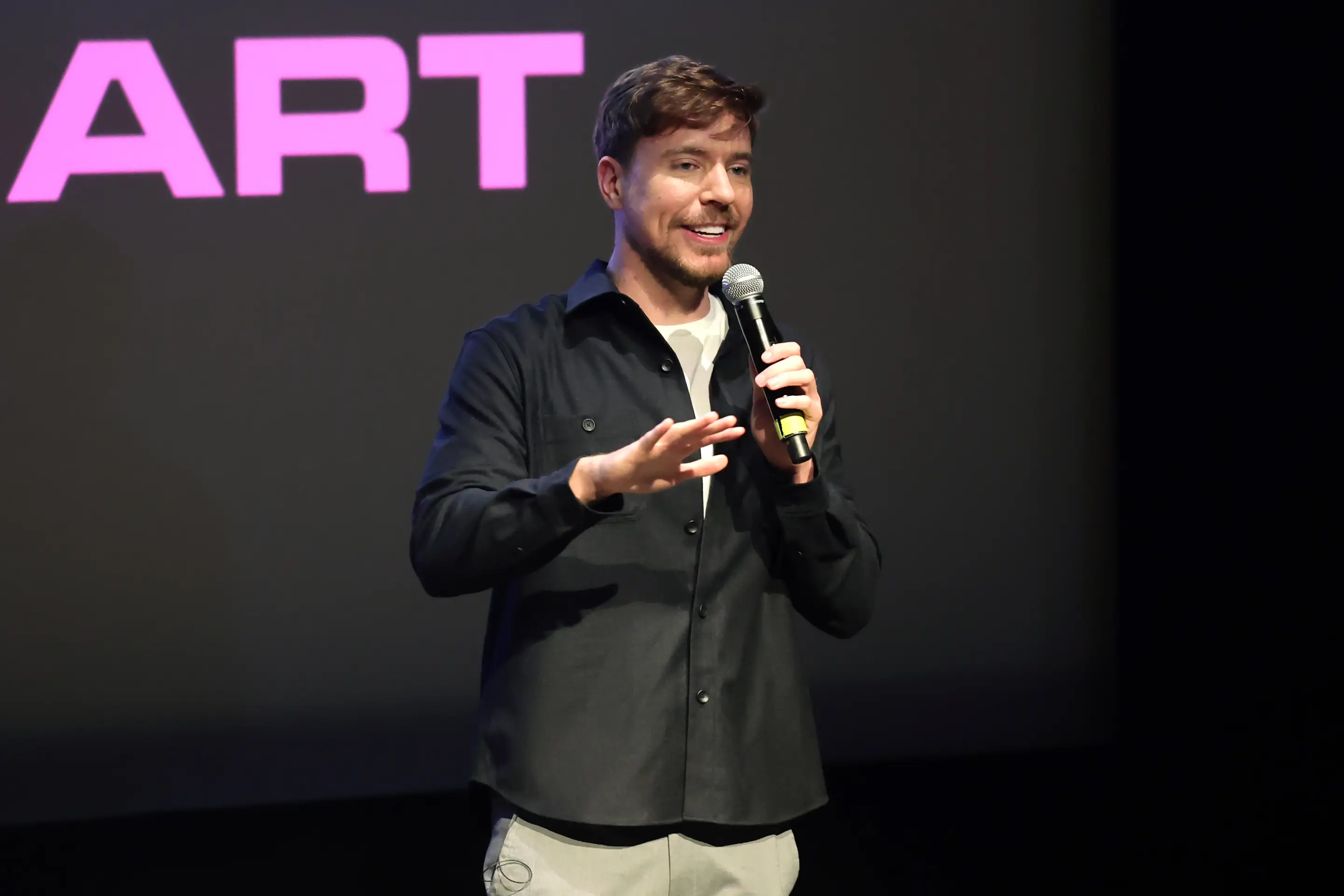 Jimmy Donaldson, aka MrBeast, speaking at an event.