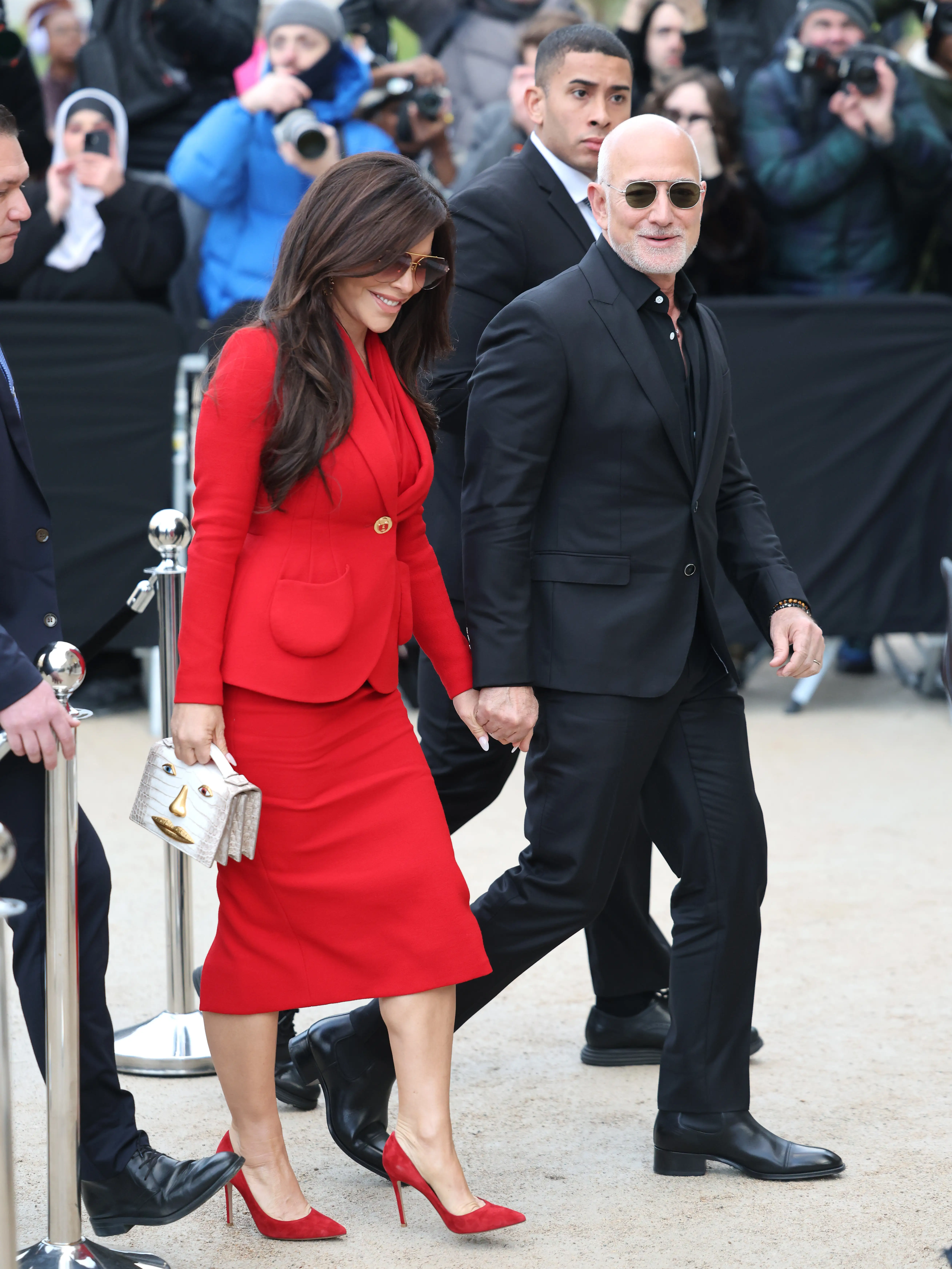 Lauren Sánchez Bezos and Jeff Bezos at a Schiaparelli show during Paris Couture Week 2026.