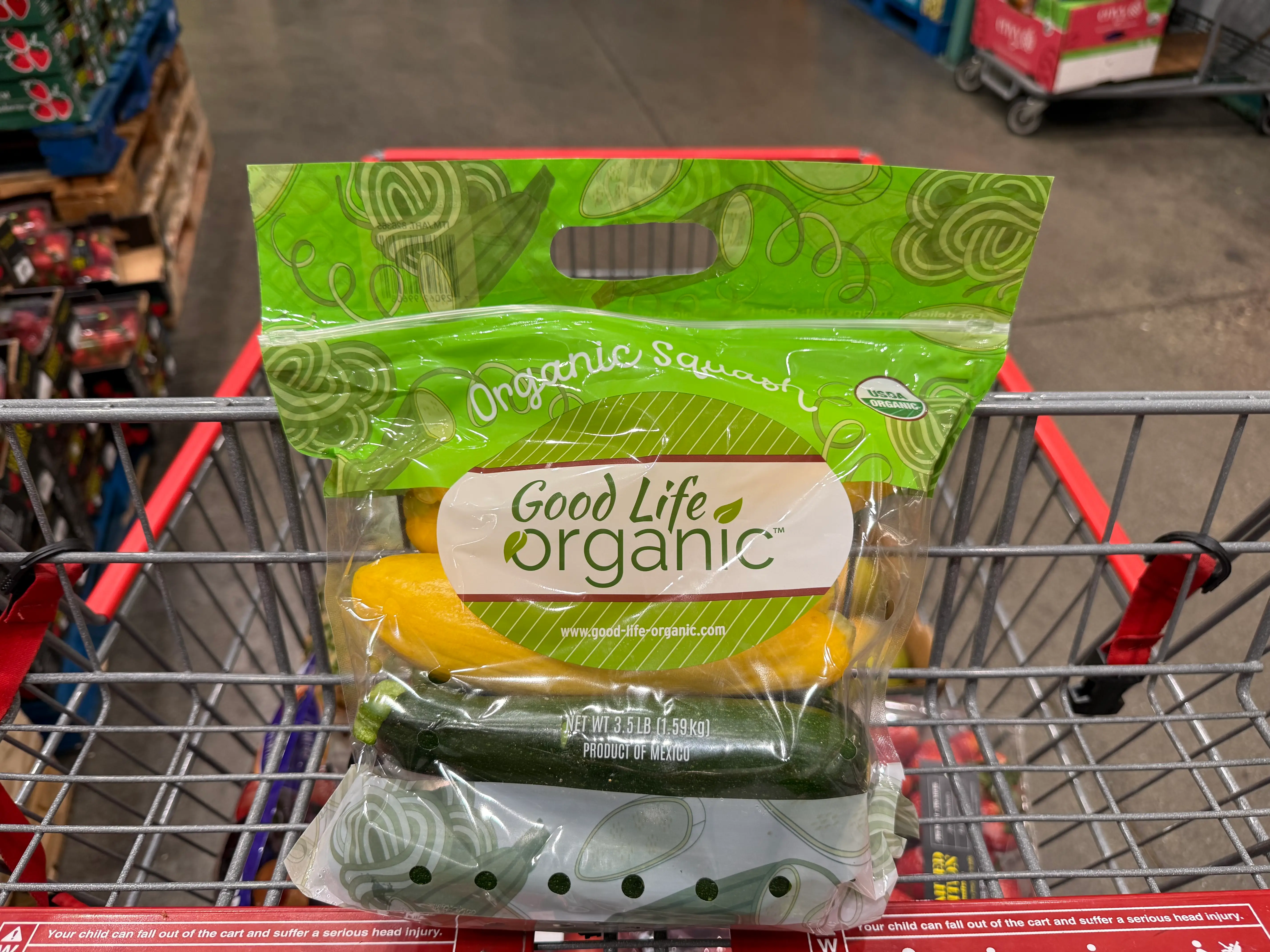 Good Life organic assorted squash in cart at Costco