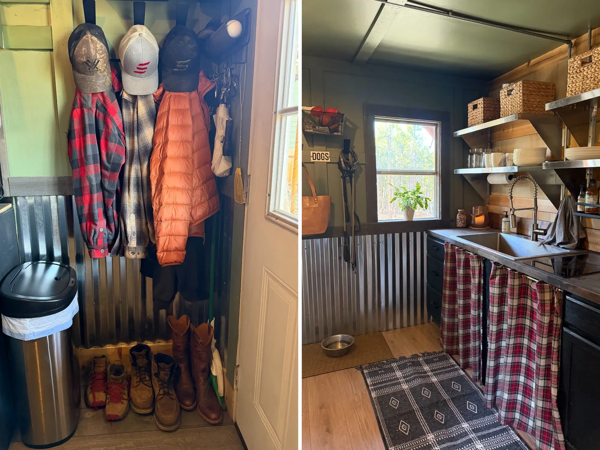 A side-by-side of a mudroom and kitchen in a tiny home.