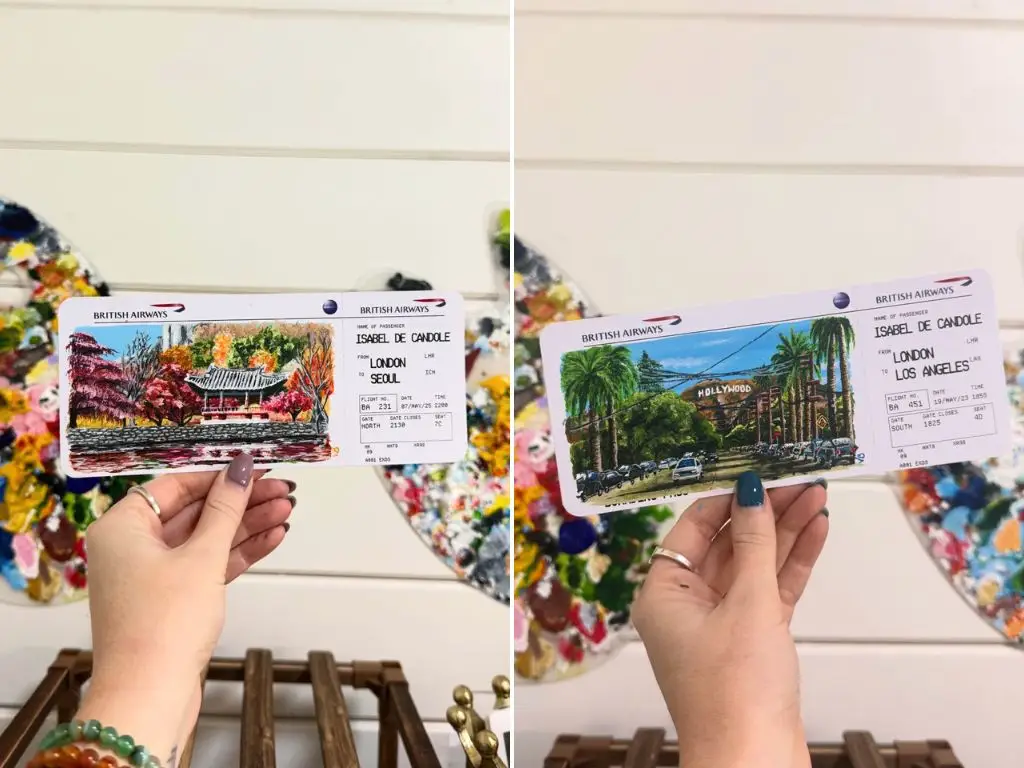 Hugo paints famous cities on boarding passes.