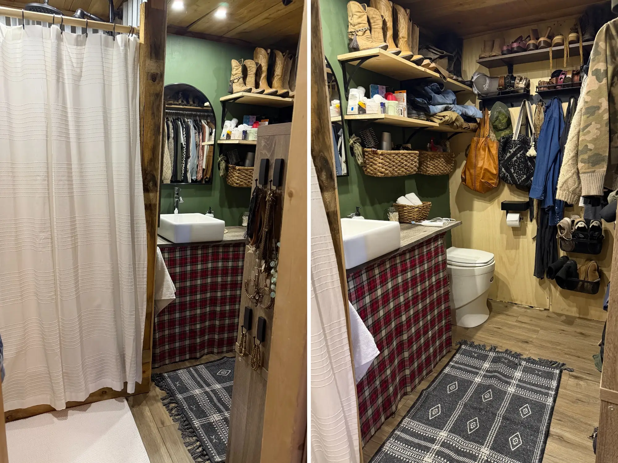 A side-by-side of two angles of a bathroom in a tiny home.