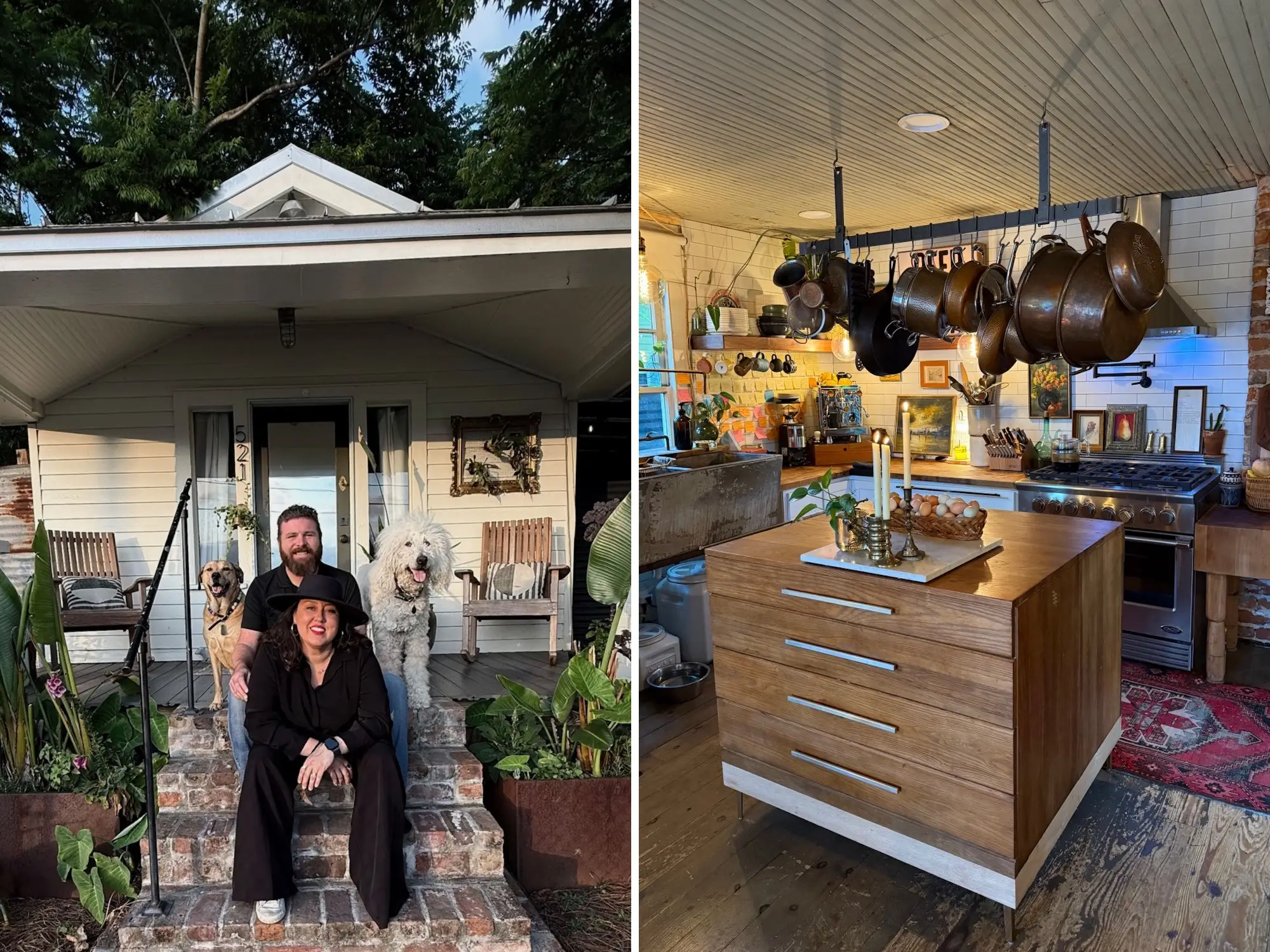 A side-by-side of a couple and their 2 dogs sitting on the porch of their tiny home, and a kitchen with an island and pots and pans hanging from the ceiling.