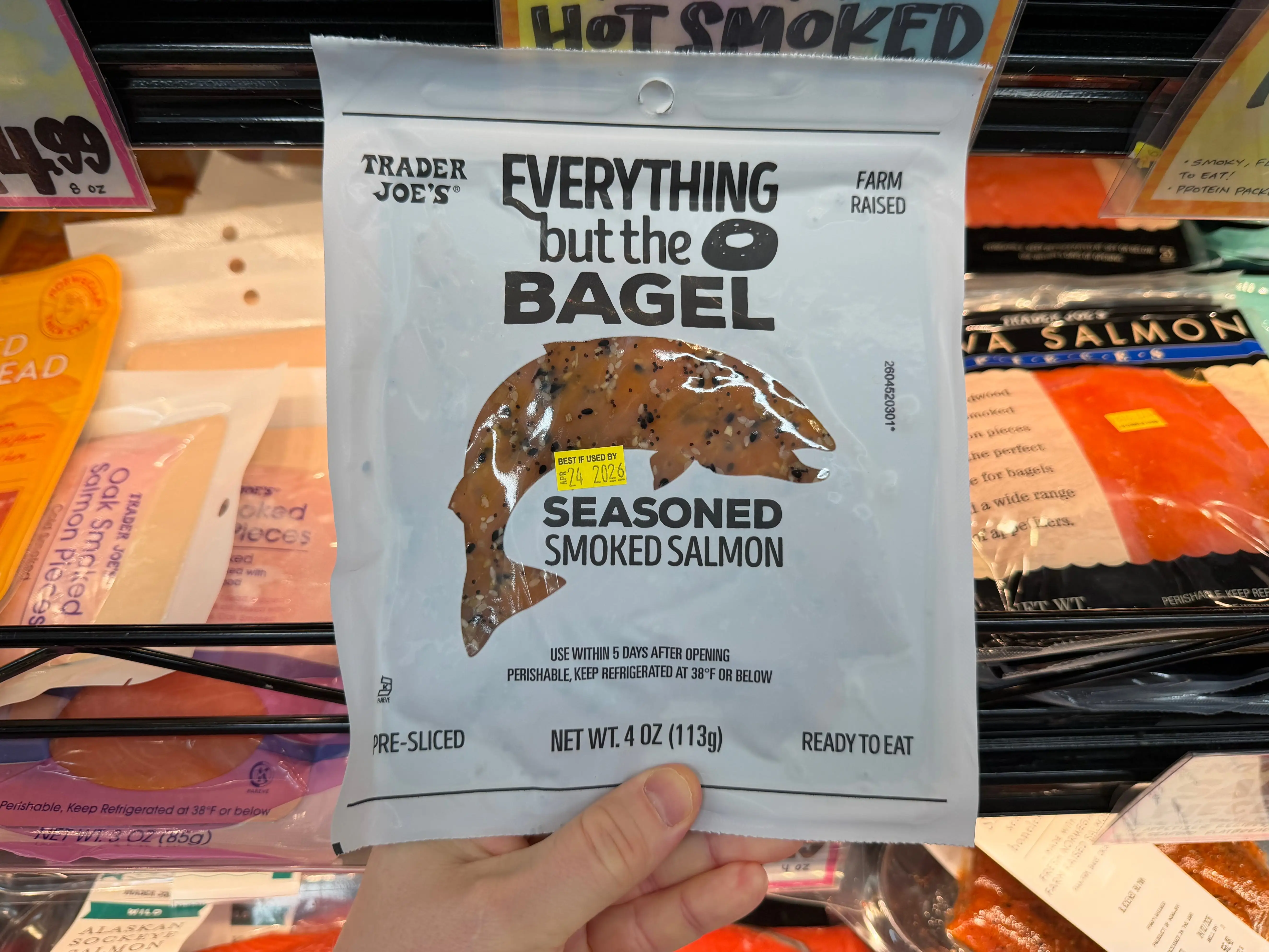 A package of the Trader Joe's Everything But The Bagel seasoned smoked salmon.