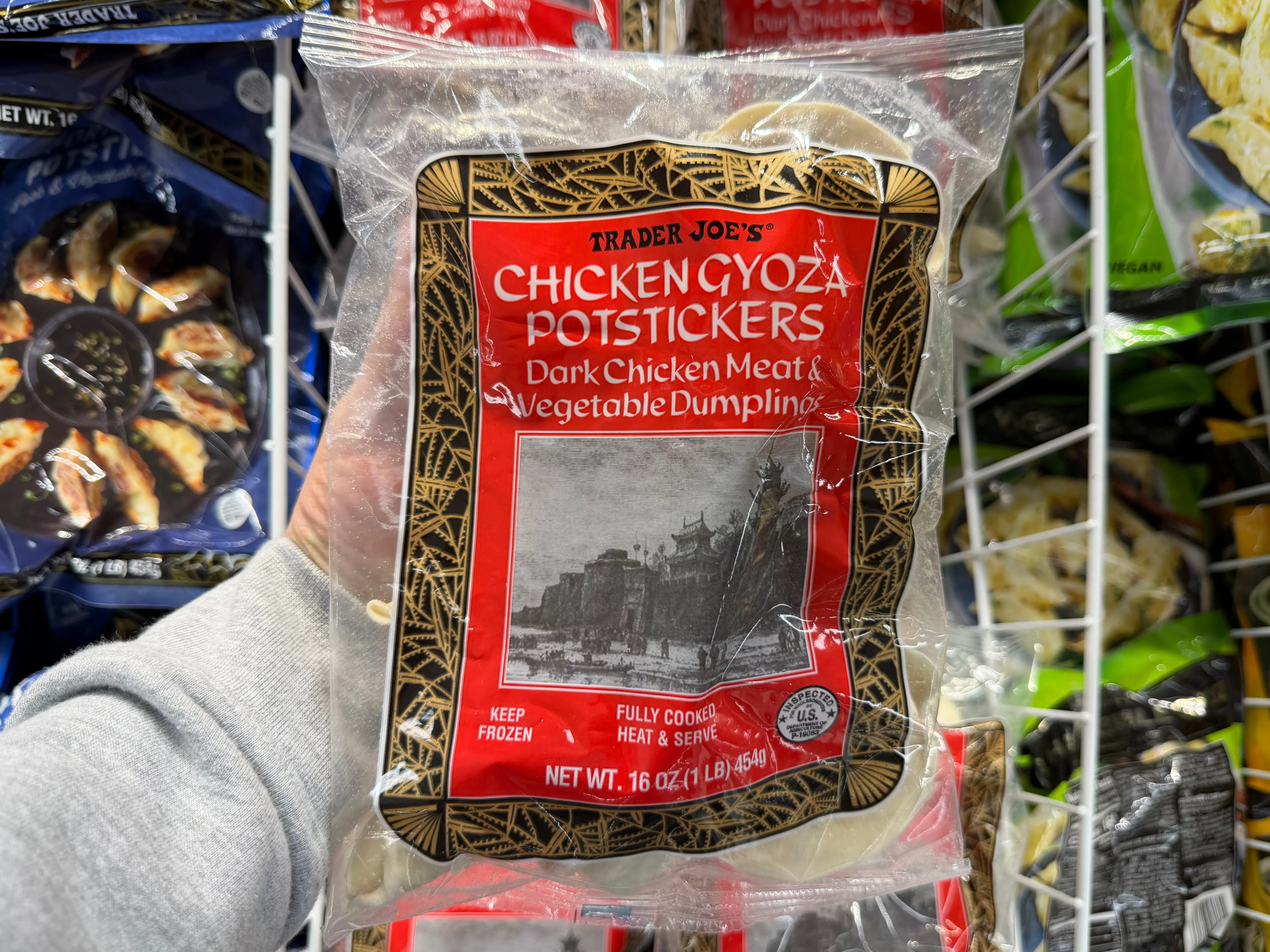 A bag of Trader Joe's chicken gyoza potstickers.