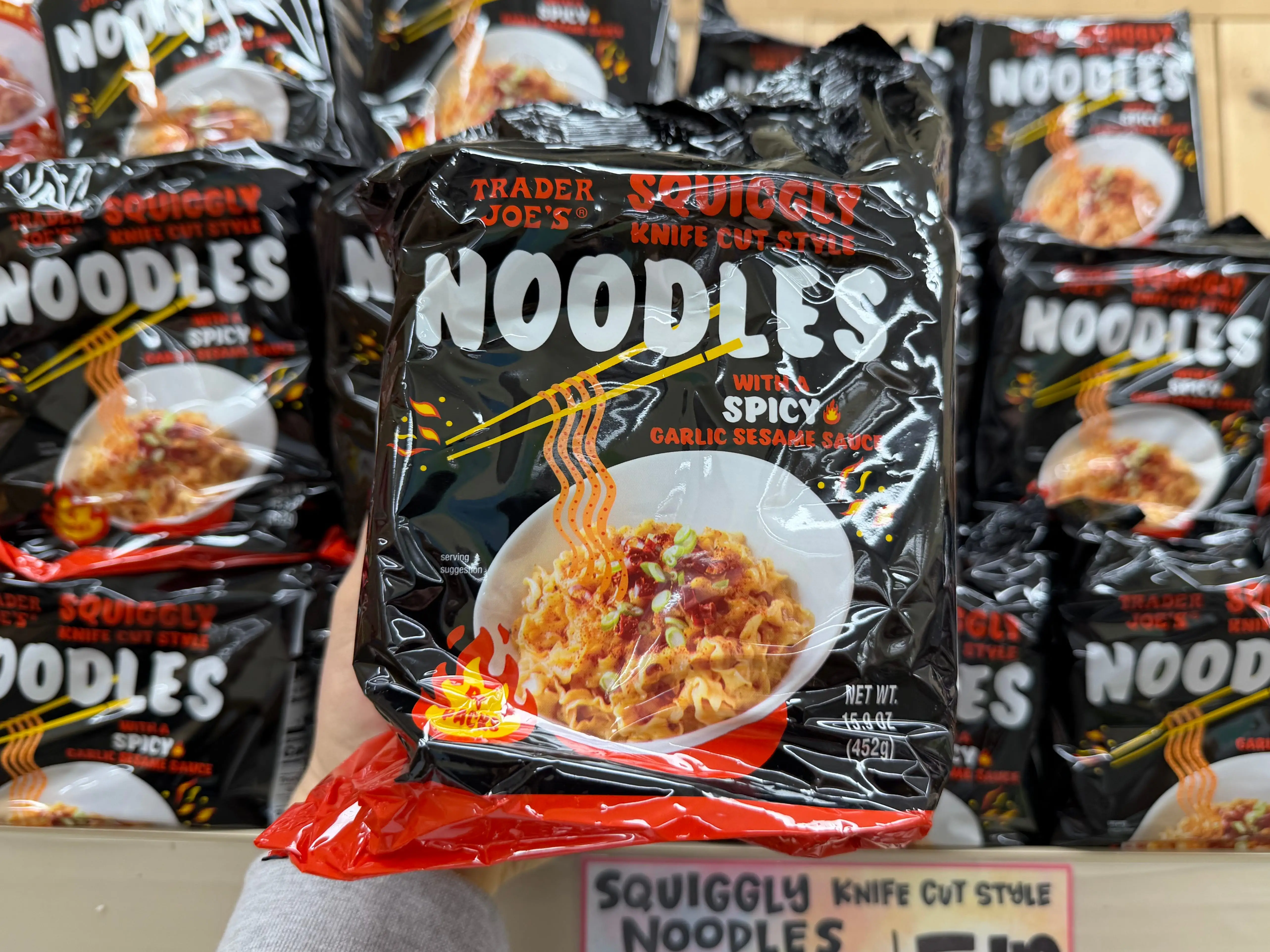 A bag of Trader Joe's spicy squiggly knife-cut noodles.