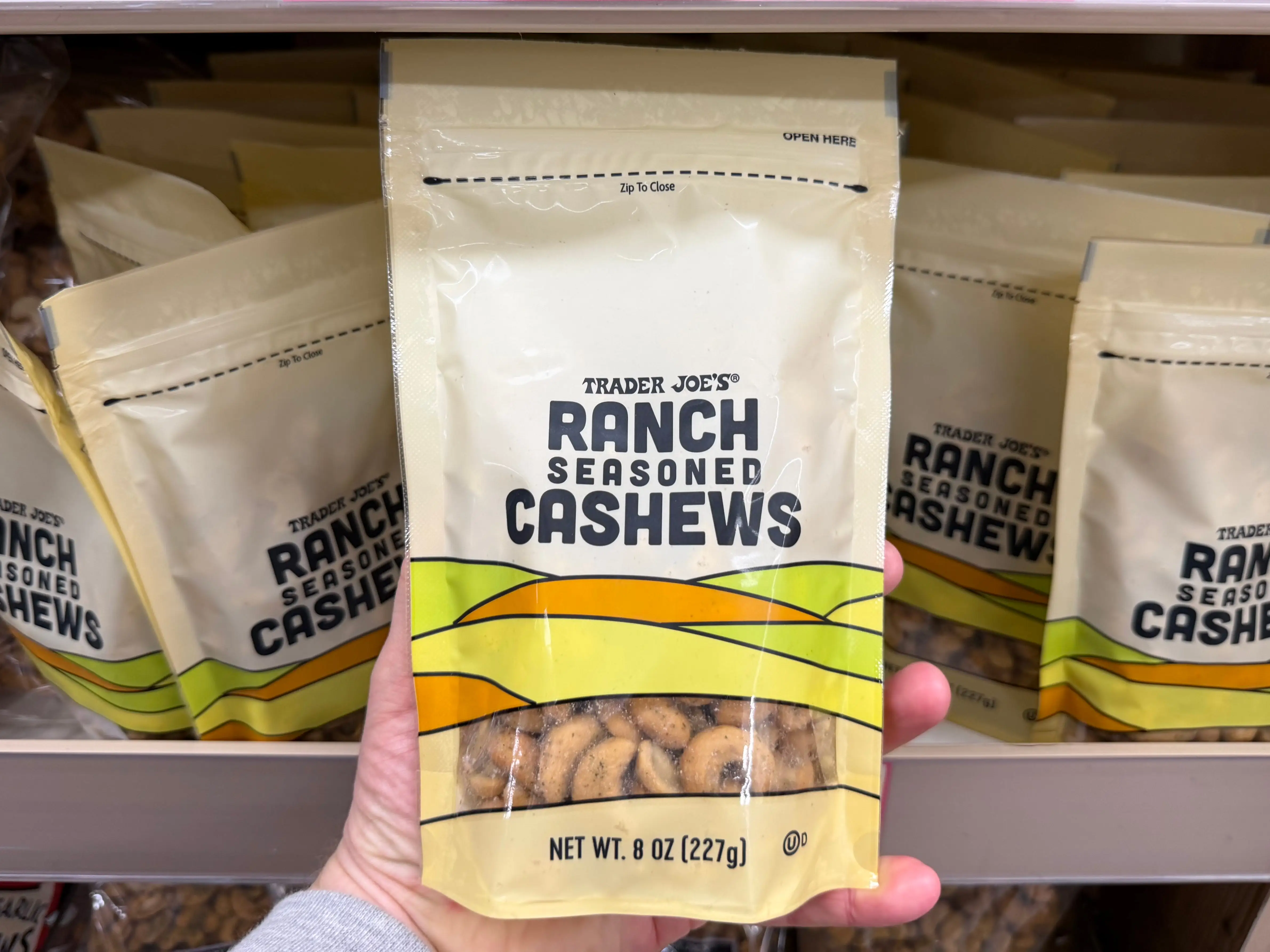 A bag of Trader Joe's ranch-seasoned cashews.