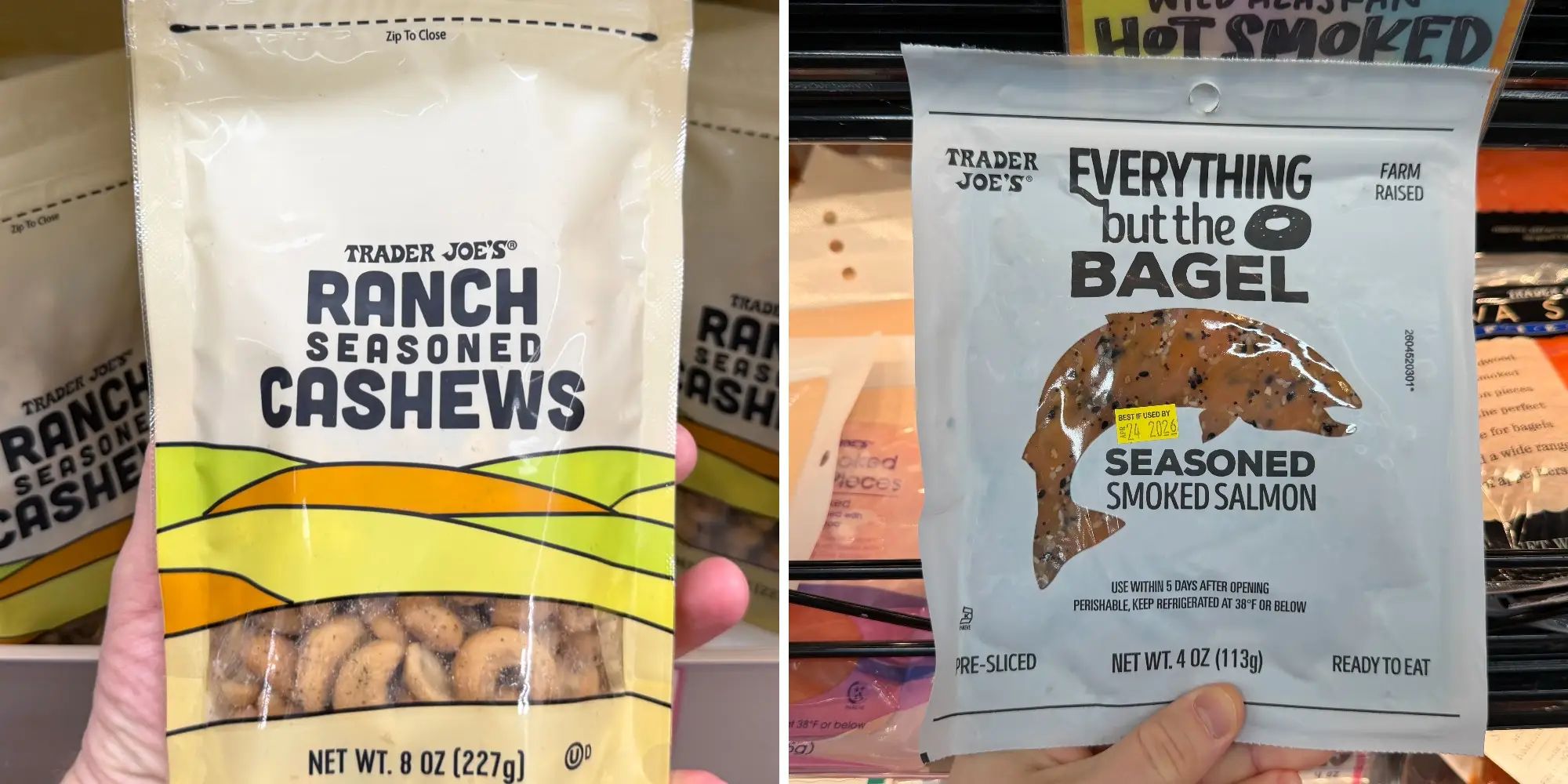 A side-by-side image of the Trader Joe's ranch-seasoned cashews and the Trader Joe's Everything But The Bagel seasoned smoked salmon.