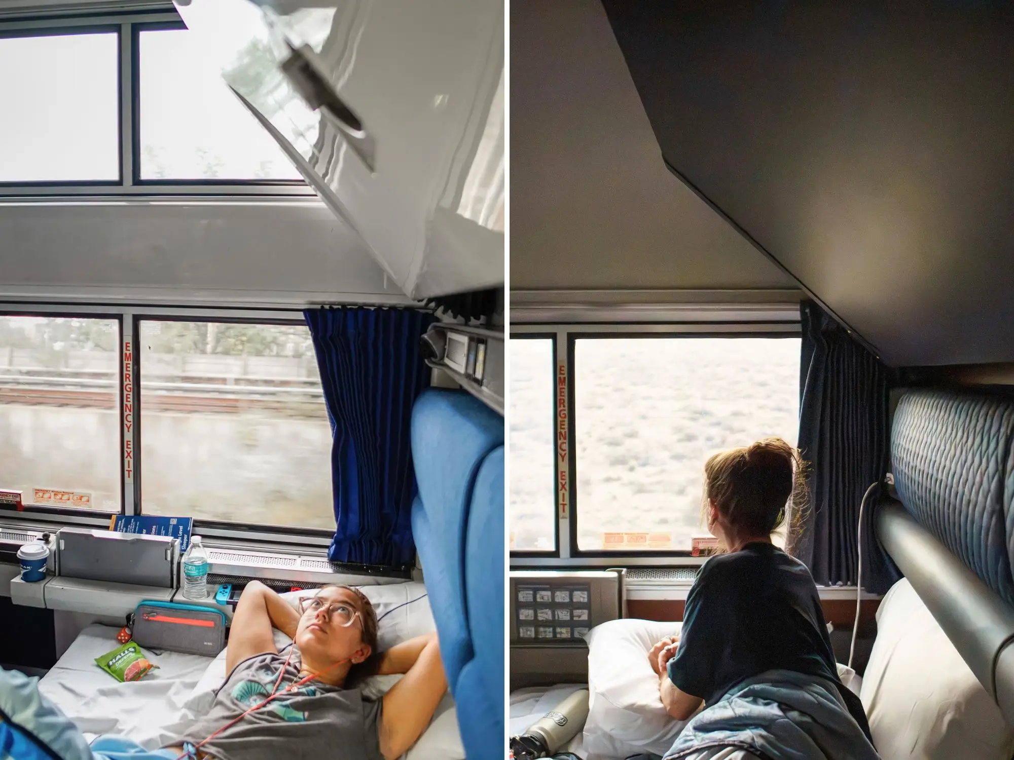 A composite image of the author lying in the bottom bunks in Amtrak bedrooms