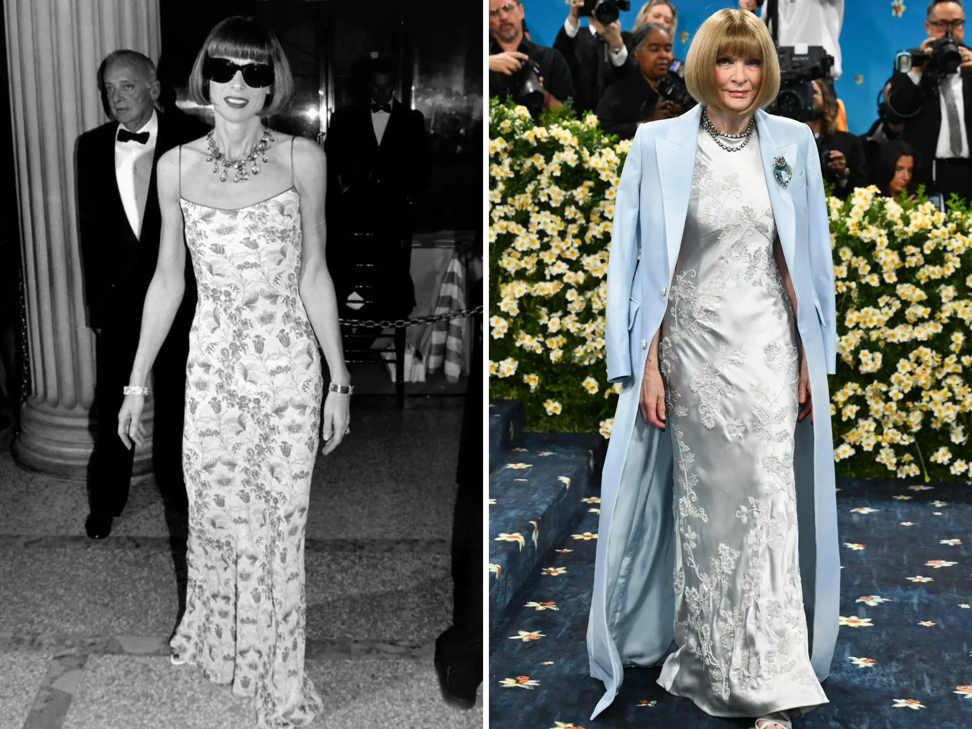 A side-by-side of Anna Wintour at the Met Gala in 1996 and 2025.