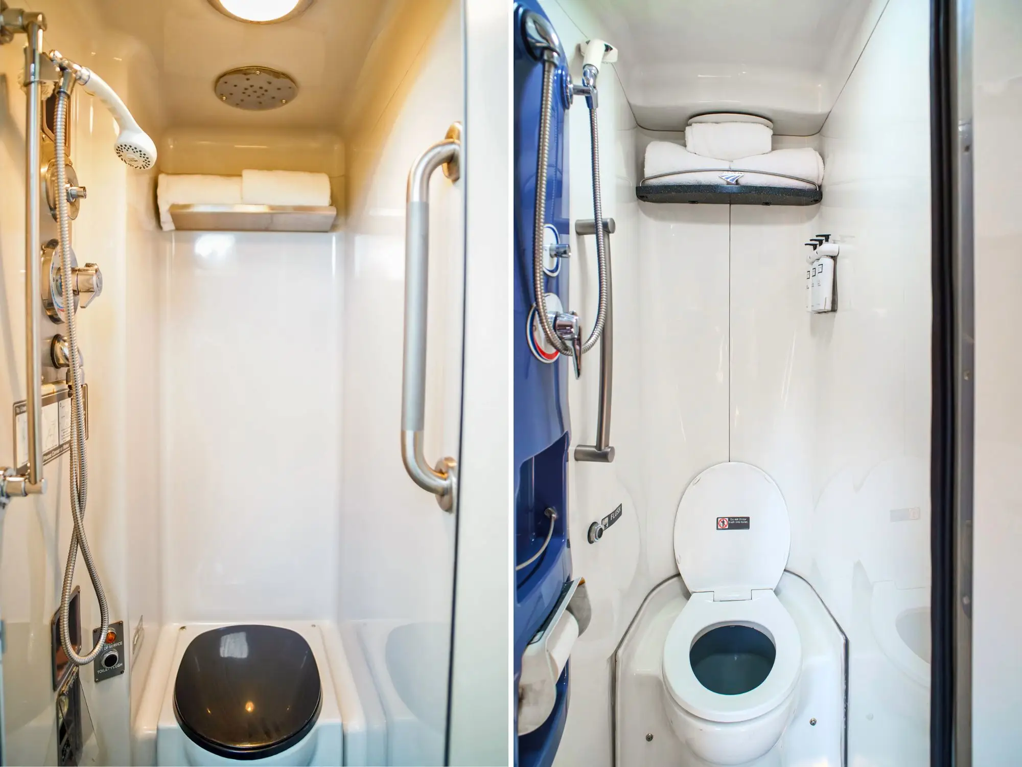 A composite image of two tiny Amtrak bedroom bathrooms