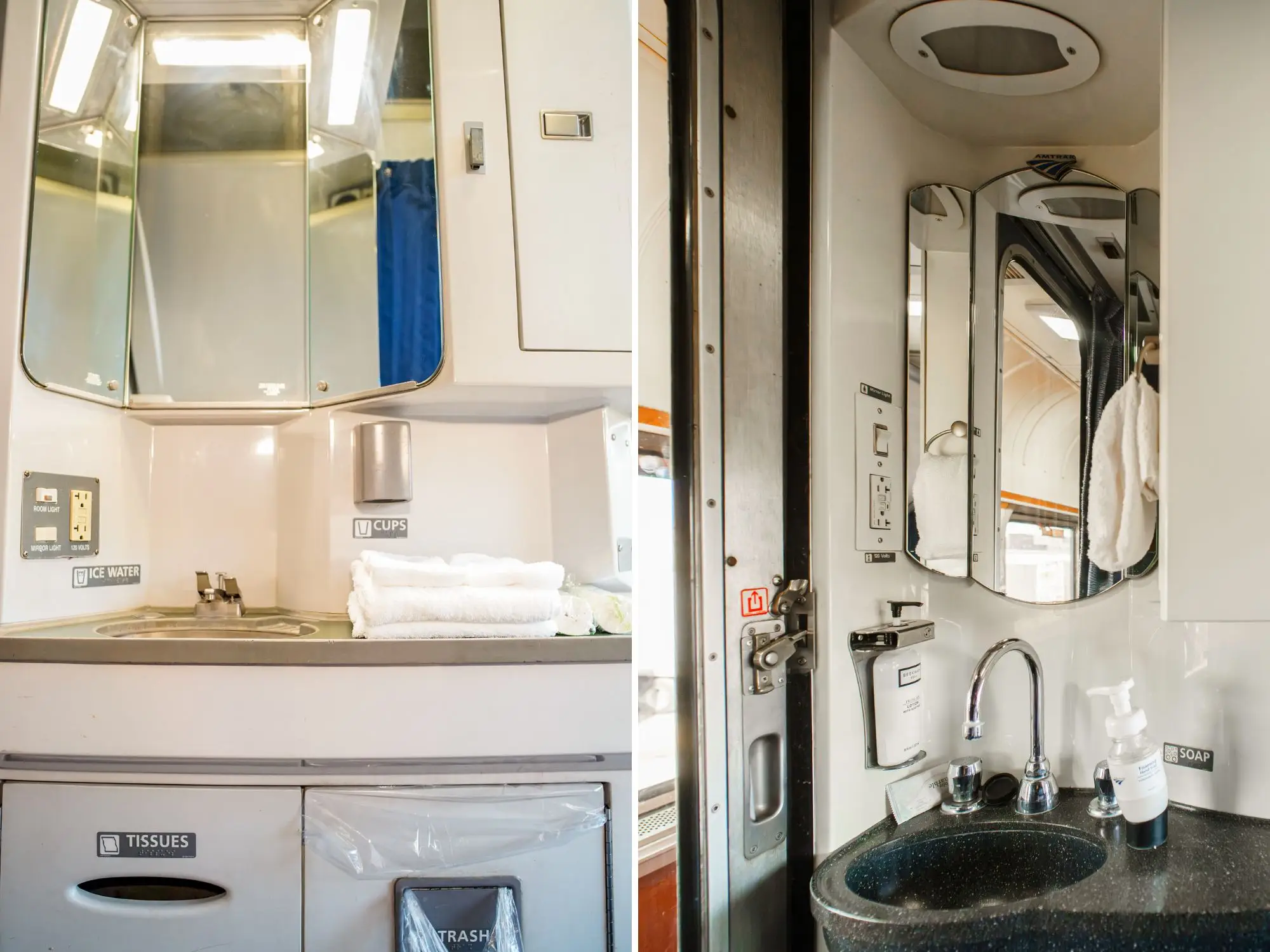 A composite image of two sinks and vanities inside Amtrak bedrooms