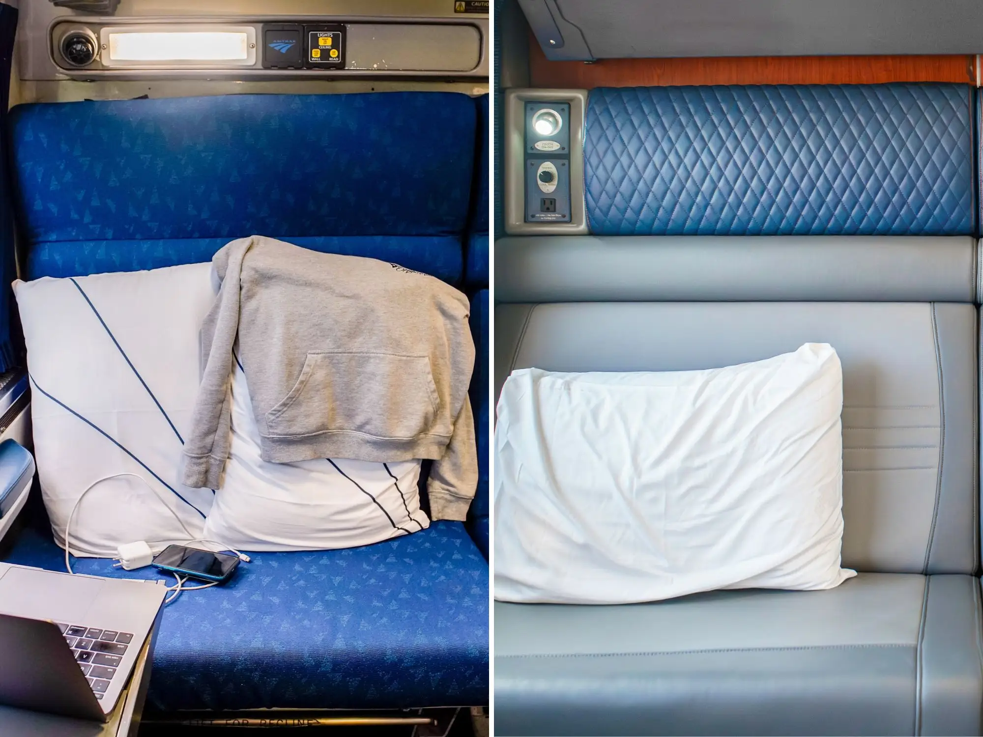 A composite image of seats in two Amtrak bedrooms