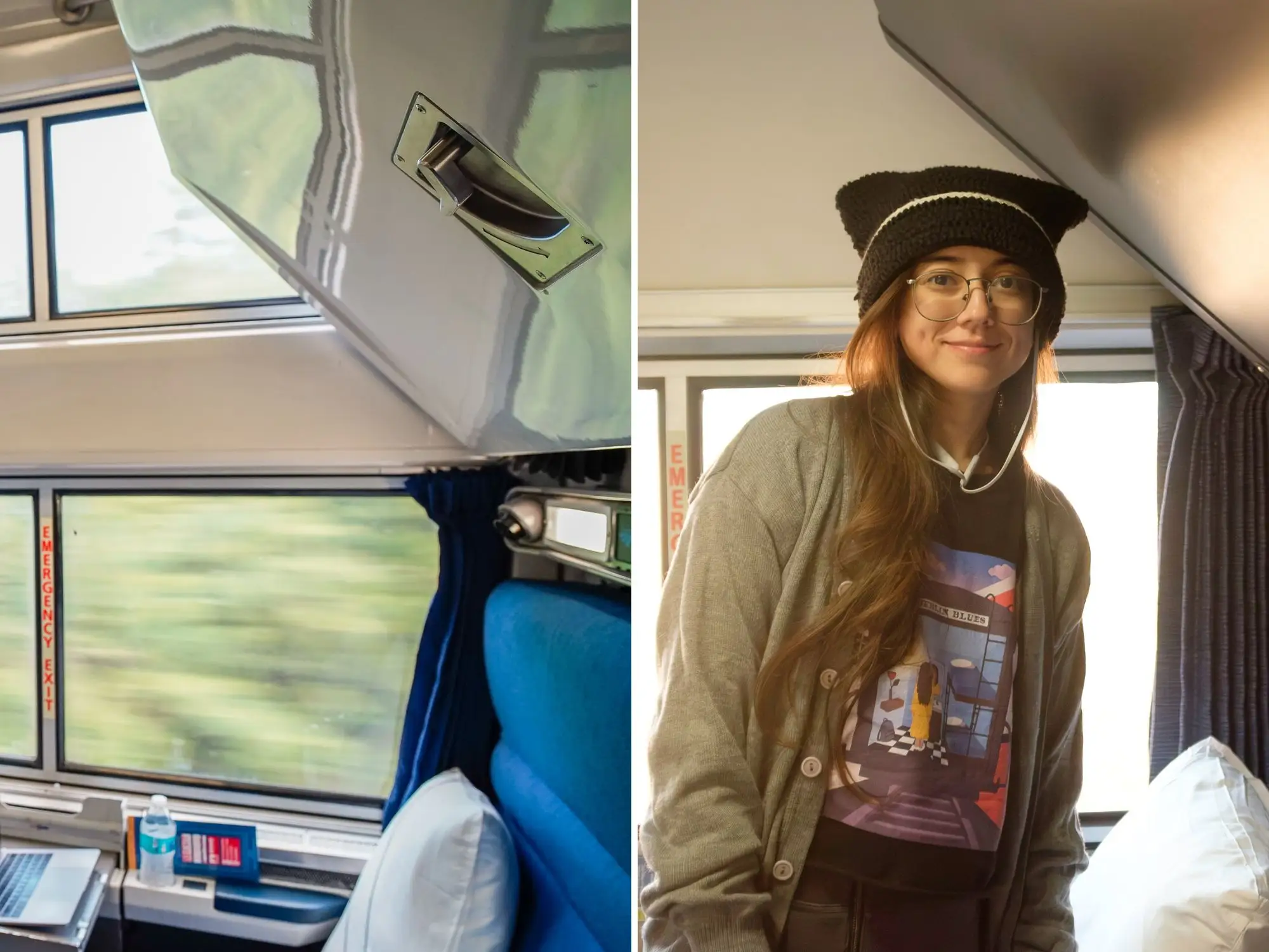 A composite image of windows in an Amtrak bedroom and the author in an Amtrak bedroom