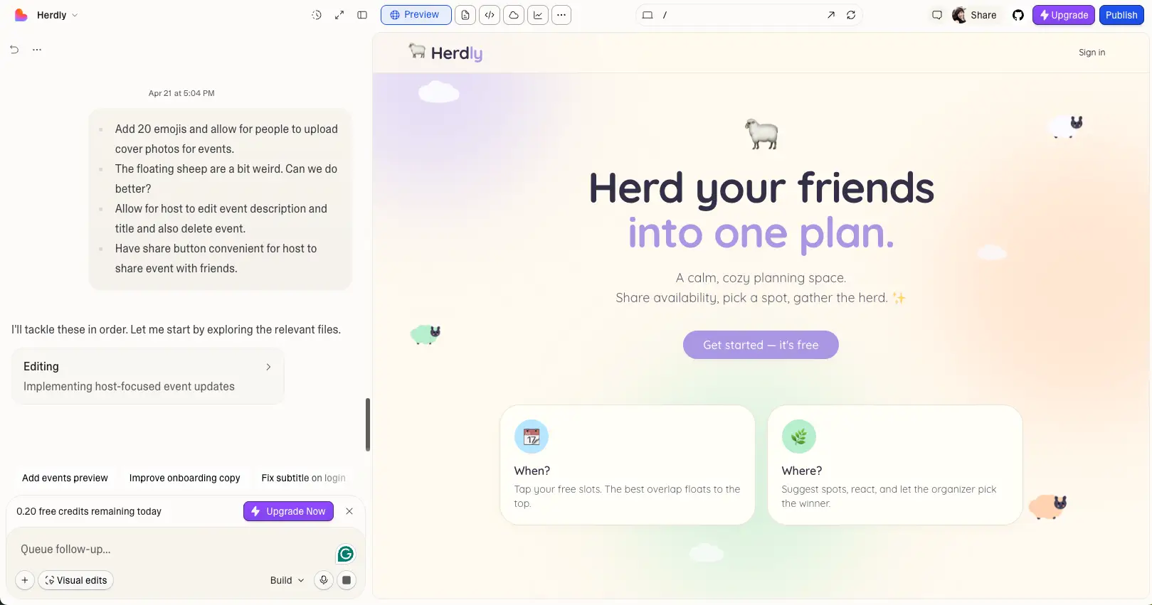 A screenshot of my building screen for Herdly on Lovable.