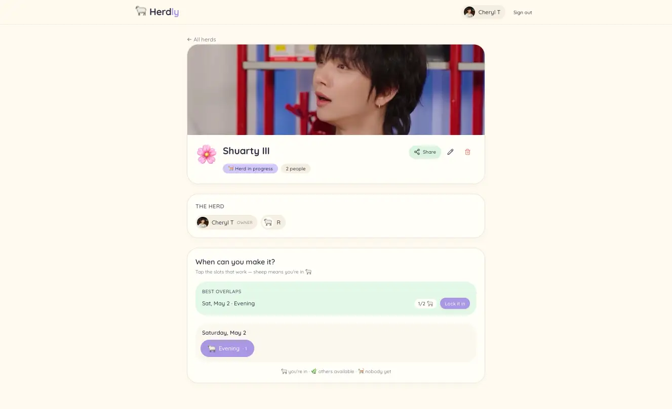 A screenshot of my web app, Herdly