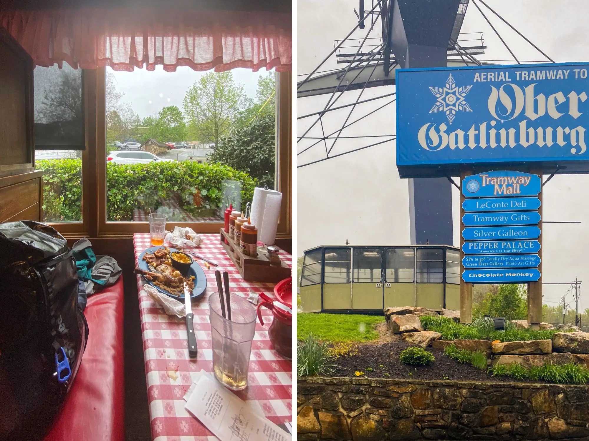 A composite image of the author's booth at a restaurant in Gatlinburg, Tennessee and a blue sign for the tramway